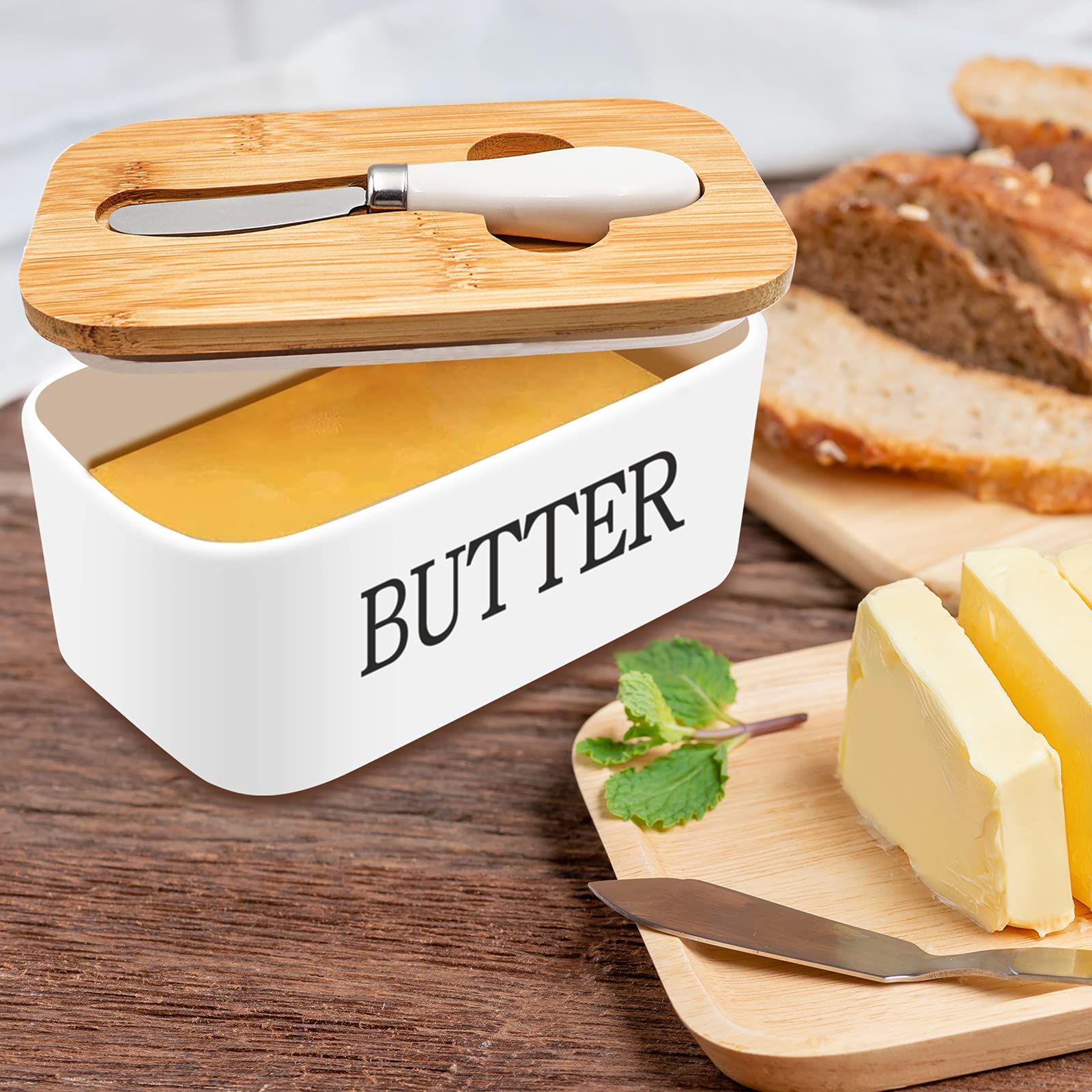 Burriera In Ceramica Con Coperchio In Bambù E Coltello – Ideale Per Cucina E Regalo (Bianco)
