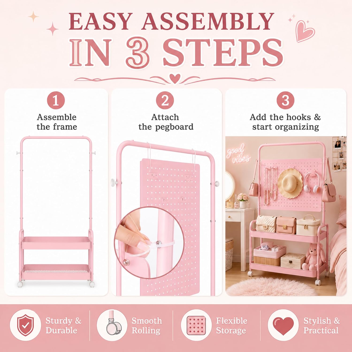 Pink Clothing Rack with Pegboard 2-Tier Dorm Garment Rack with Wheels | Dress up Storage for Coats Room Bedroom Nursery Playroom Decor for Women Hanging Clothes