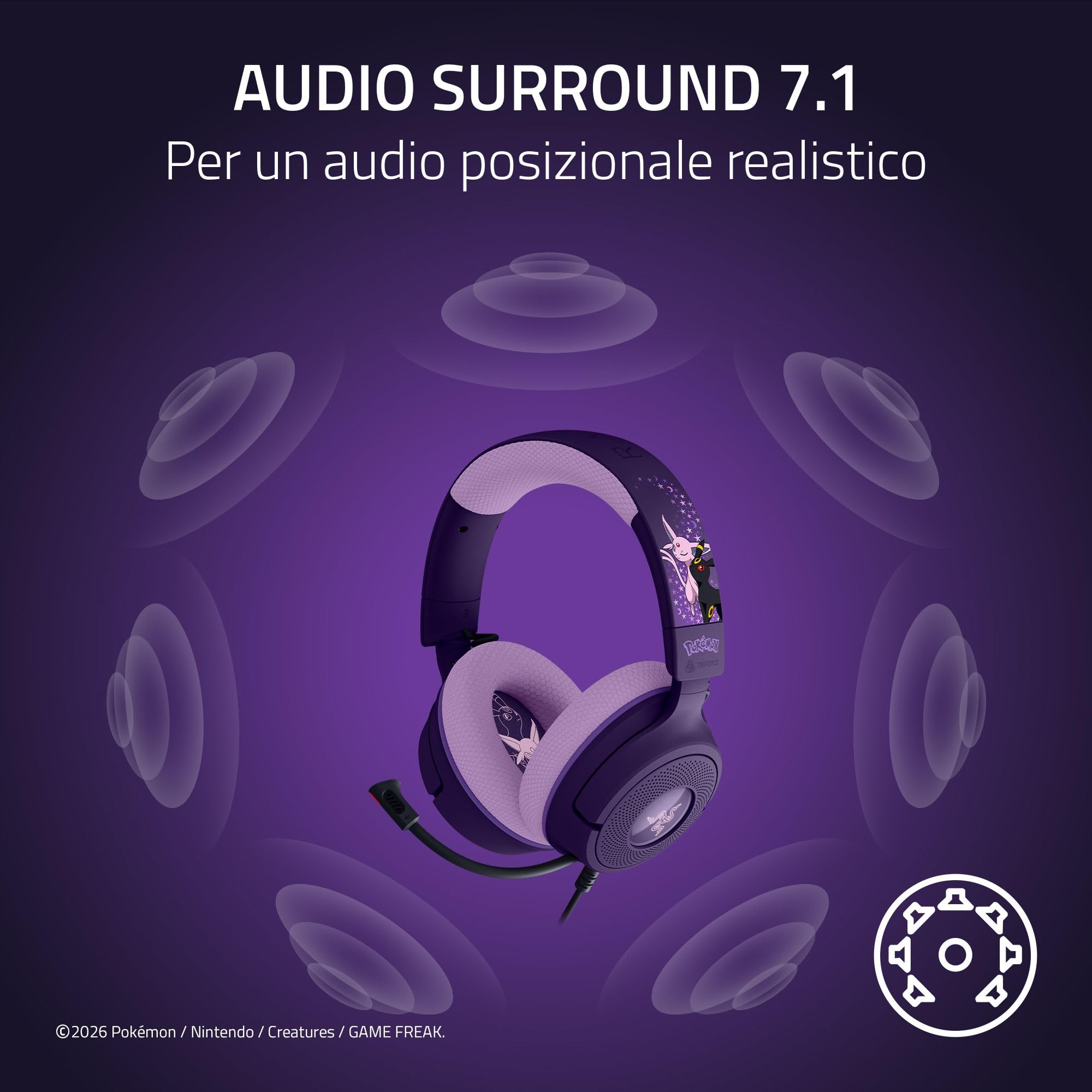 Razer Kraken V4 X Pokémon Espeon & Umbreon Edition - Cuffie da gioco con cavo USB - Driver TriForce da 40 mm - Microfono cardioide retrattile - Audio surround - Chroma RGB