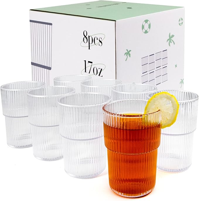 17oz Shatterproof Ribbed Glasses, Plastic Tumblers for Poolside – Clear Acrylic Cups, Stackable & Reusable, Dishwasher Safe Drinkware – Set of 8
