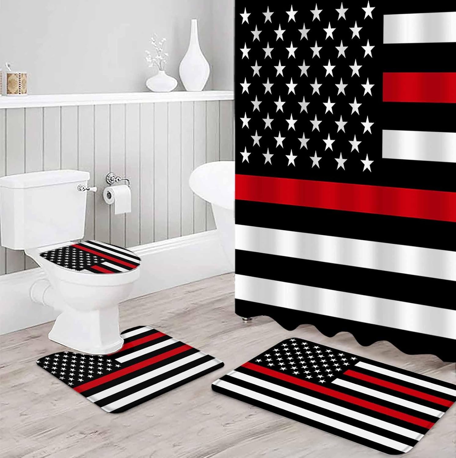 Prime Leader 4 Pcs Shower Curtain Sets with Non-Slip Rugs, Toilet Lid Cover, Bath Mat America Firefighters Flag Thin Red Line Bathroom Decor Shower Curtain with 12 Hooks Waterproof Polyester Fabric