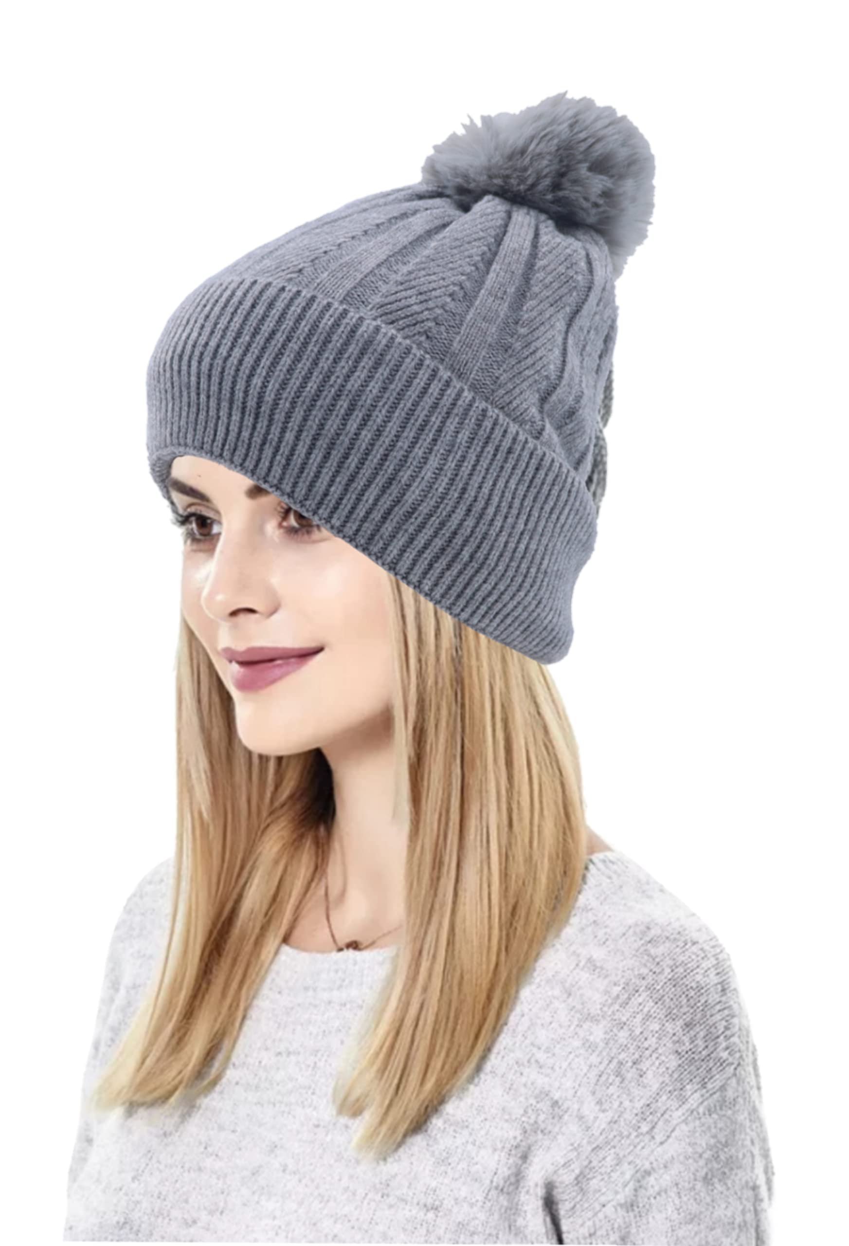 JAZAAWomen Beanie Warm Winter Corkscrew Cable Knitted Bobble Hat Plain Ski Pom Wooly Cap