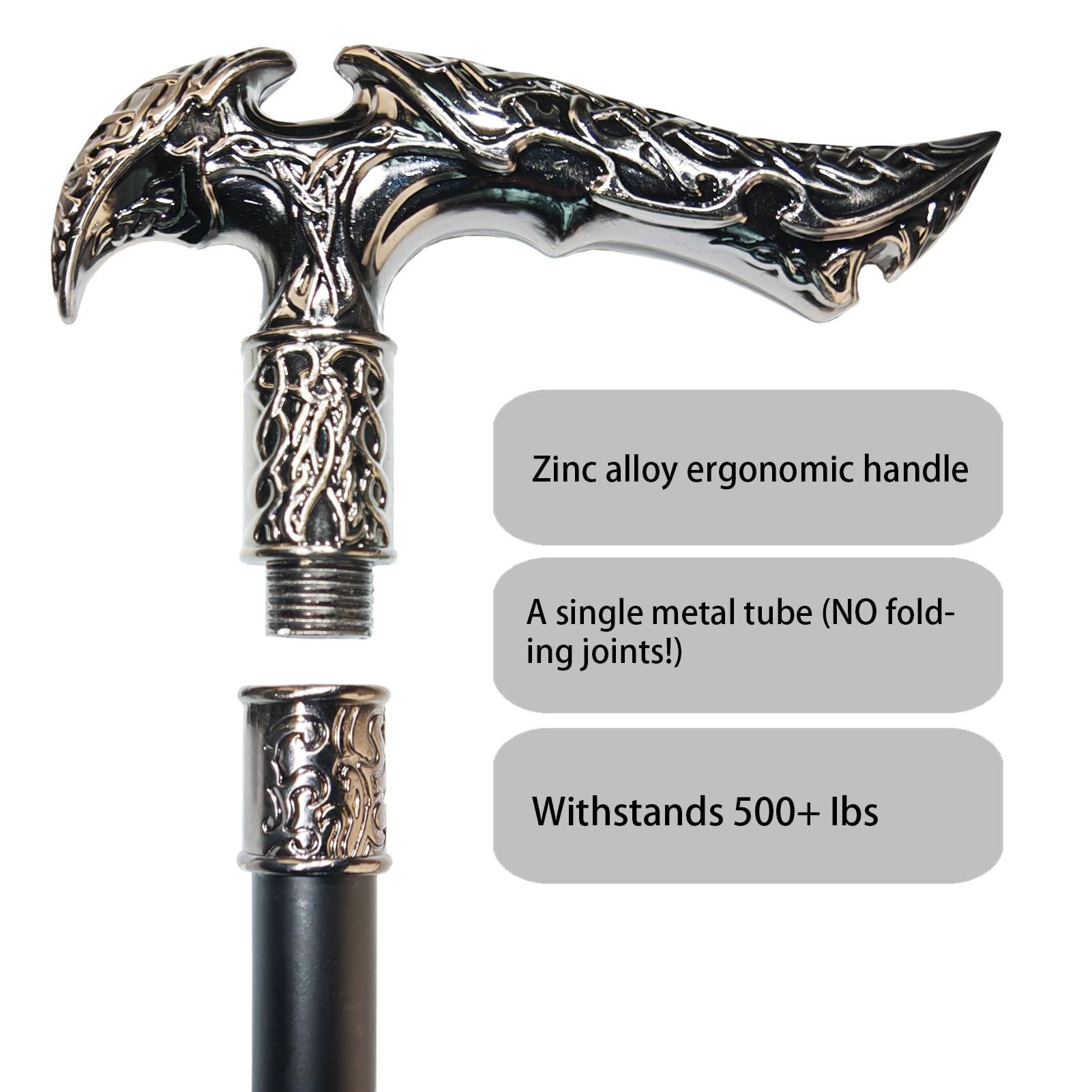 Gehstock für Männer, Frauen und Senioren, 91,9 cm, strapazierfähig, 150 kg Kapazität, ergonomischer Griff, verziert, dekorativ, stilvoll, schwarzer Metall-Gehstock