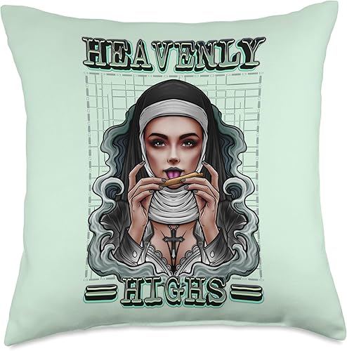 Marihuana Outfit Weed Clothes Adult Stoner Gifts Weed Heavenly Highs Unholy THC Nun Smoking Blunt Throw Pillow, 18x18, Multicolor