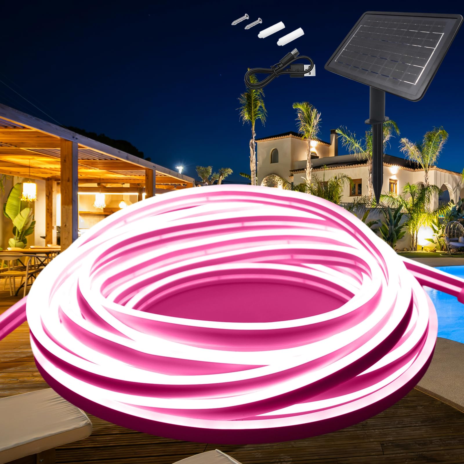 KISUFU 24V Solar Neon Light Strip, 120 LEDs/m IP68 Waterproof Outdoor Garden Solar Powered Fairy Lights with 2400mAh Solar Cell Box Controller for Patio Yard Party.