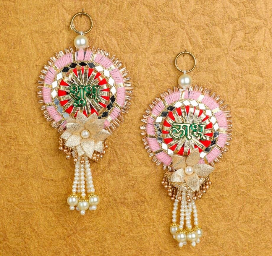 Image of Handmade Shubh Labh Wall Hanging with Kundan, Gota & Pearl Detailing - Elegant Home Decor for Diwali, Navratri, Weddings, Housewarming & Puja Favors