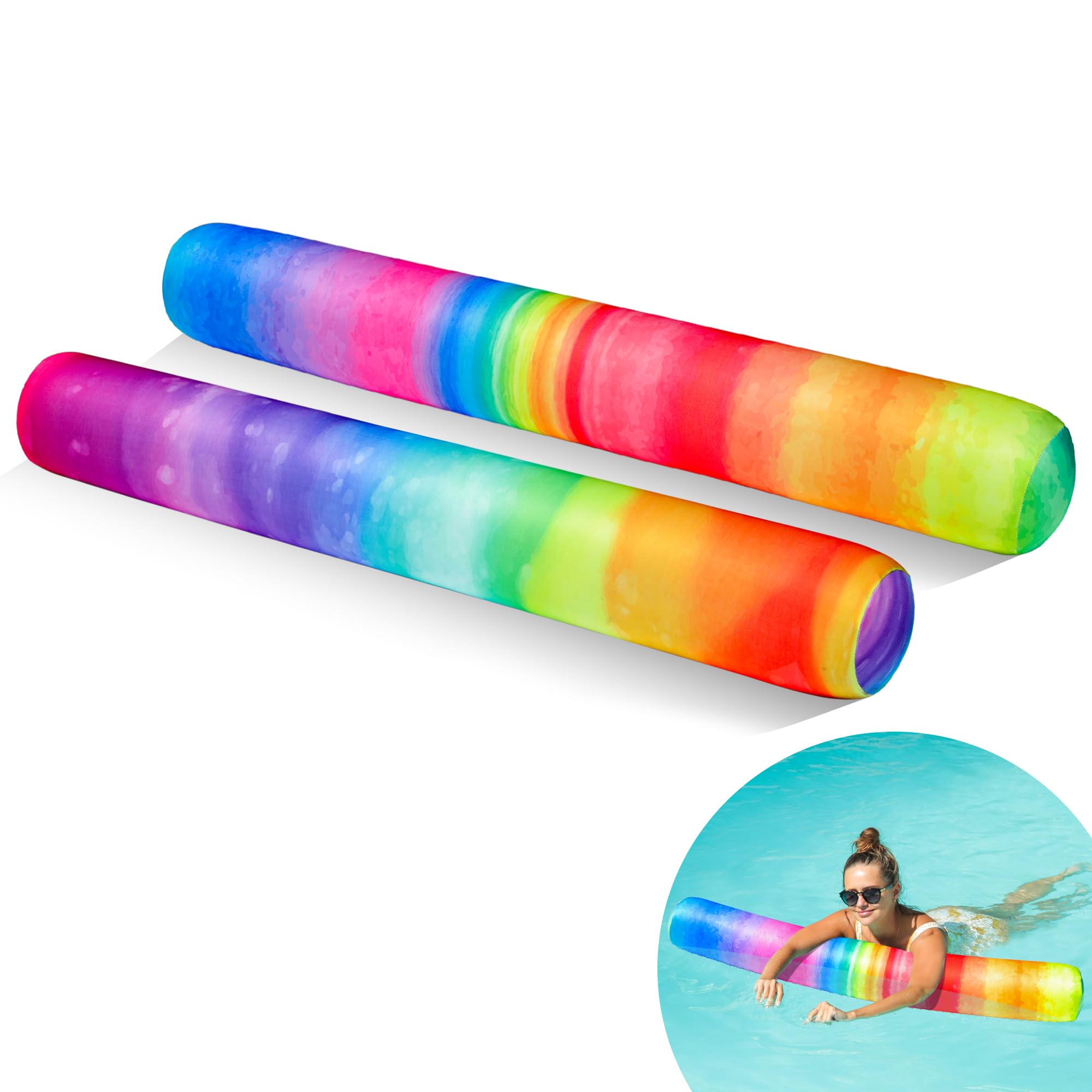 FindUWill Inflatable Swim Pool Noodles, 2 Pack Soft Fabric Covered Large Swim Noodles for Floating, Pool Floats Adult for Pool, Lake, Beach (Rainbow & Colorful)