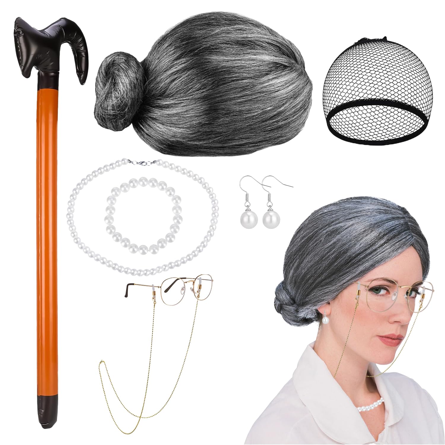 Oma-Kostüm Set Mit Silbergrauer Perücke, Brille & Schmuck – Für Halloween & Mottoparty