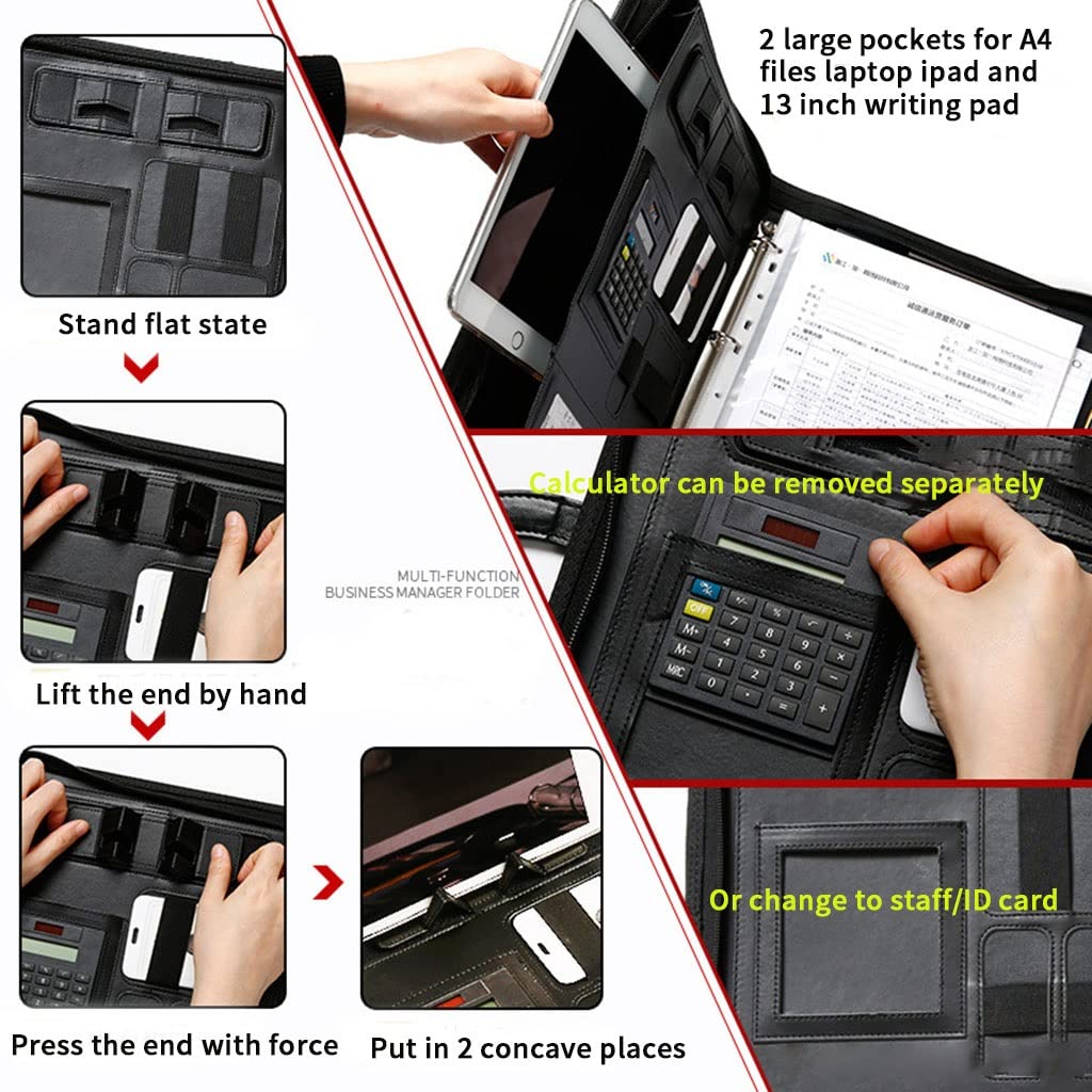 Ledermappe A4 Konferenzordner, Portfolio, Dokumentenhalter mit Reißverschluss, PU-Leder, Ordner, Padfolio, Dokumentenaufbewahrung, Zwischenablage, Legal Pad, Schreiben