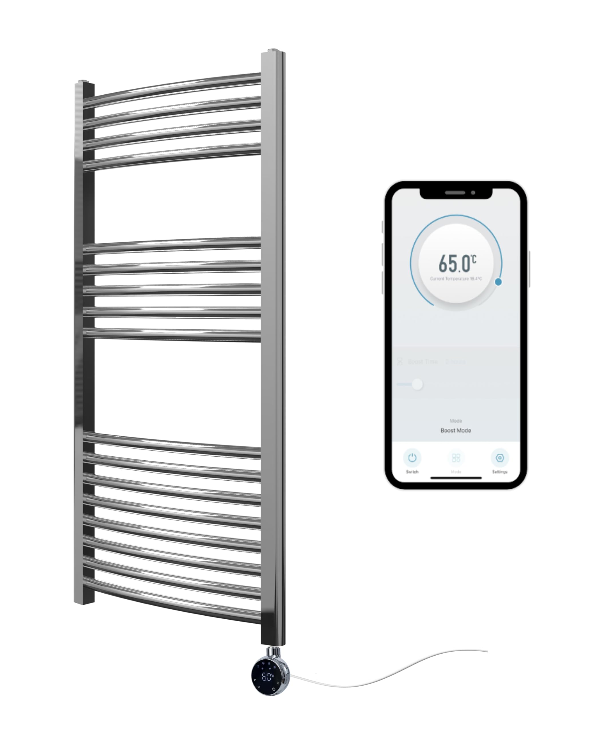 Greened House Chrome Electric WiFi Heated Towel Rail 500mm W x 1000mm H