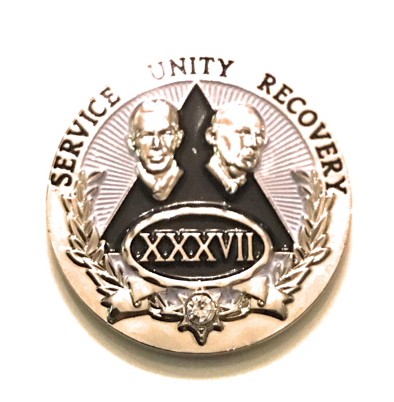 Recovery Line 37 Year AA Medallion - Alcoholics Anonymous Silver and Black with Bill & Bob - Sobriety Chip, Token, Coin