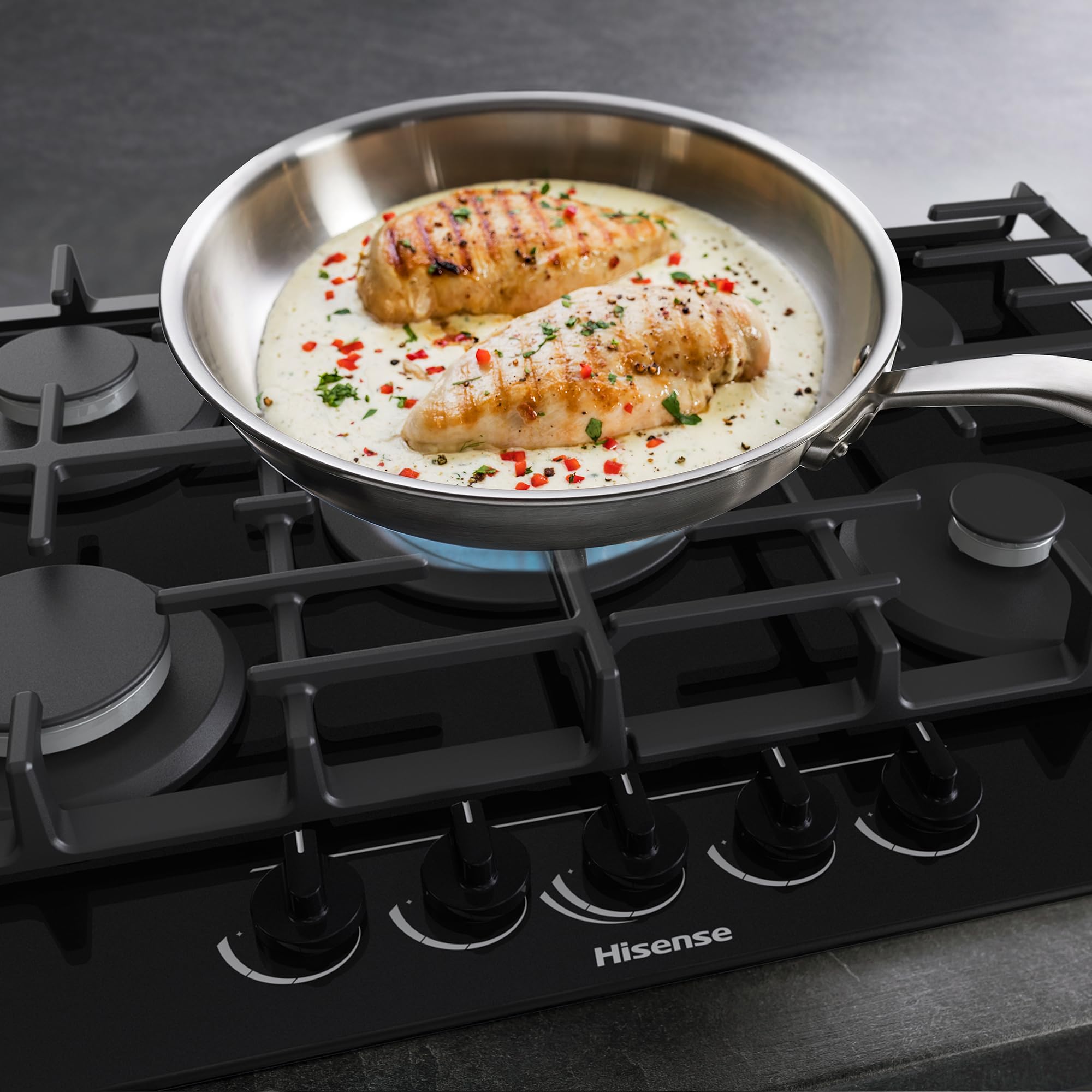 Hisense GG773B - Placa de Gas 5 Zonas, 1000W, Fondo 52cm, 5 Quemadores de Gas, Soporte de Hierro Fundido, Encendido con una mano, Quemador Wok, Superficie de fácil limpieza, Cristal Negro