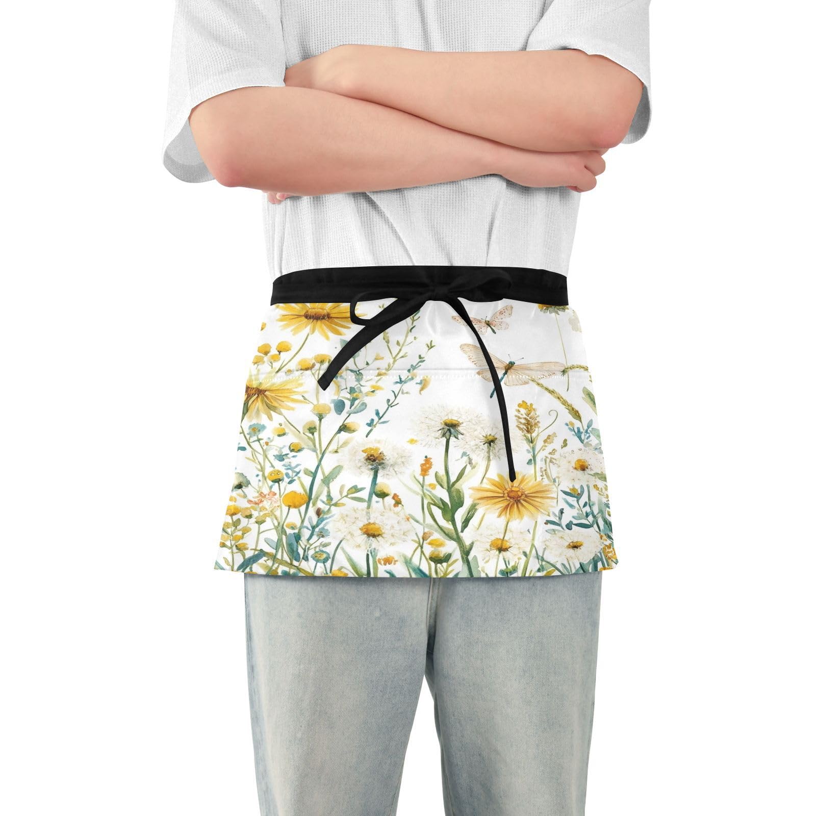 Kigai Dragonfly Wildflowers Server Aprons for Men Women Water & Oil Resistant Waitress Waiter Waist Apron with 3 Pockets