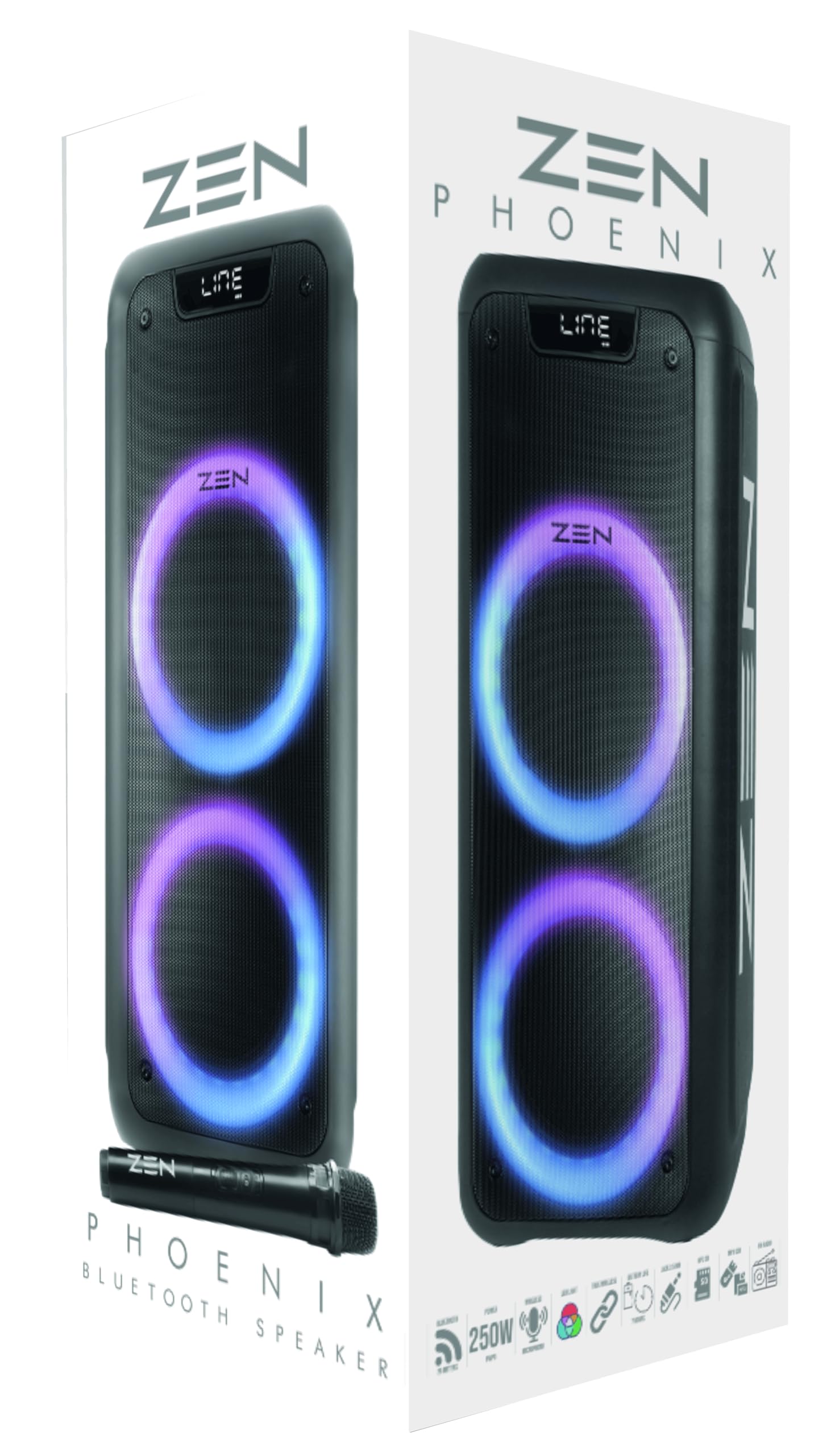 Altavoz portátil Bluetooth Zen Phoenix de 250W, 7H de batería, Luces LED RGB. Altavoz Grande con TWS, Aux in, USB, Entrada de micrófono, y micrófono inalámbrico, con Radio FM