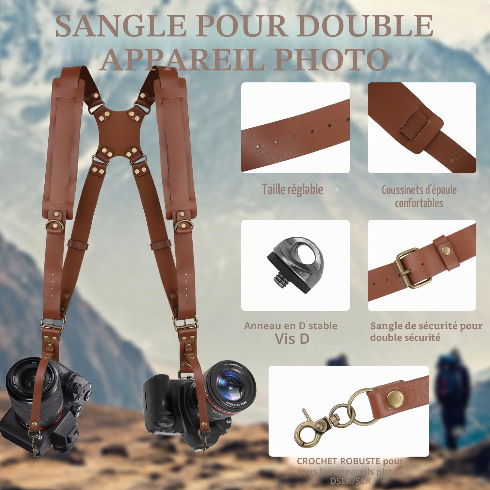Sangle pour appareil photo - En cuir - Pour 2 appareils photo - Fermeture rapide - Double sangle pour appareil photo reflex numérique - Convient pour la randonnée, les mariages - Le meilleur