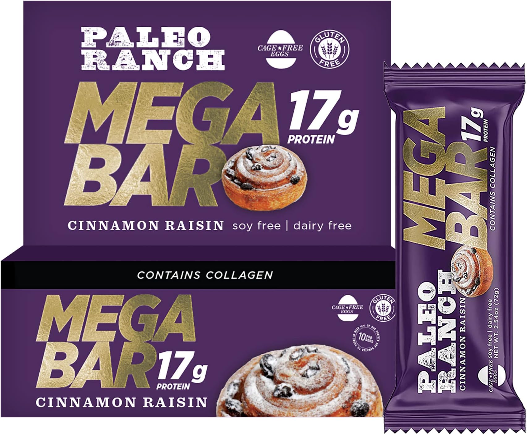 PALEO RANCH Protein MEGA BAR, Cinnamon Raisin, Cage-Free Egg White Protein, 100% Grass-Fed Beef Collagen, Non-GMO, Gluten Free, 2.54 Ounce, 12-count (Pack of 1)