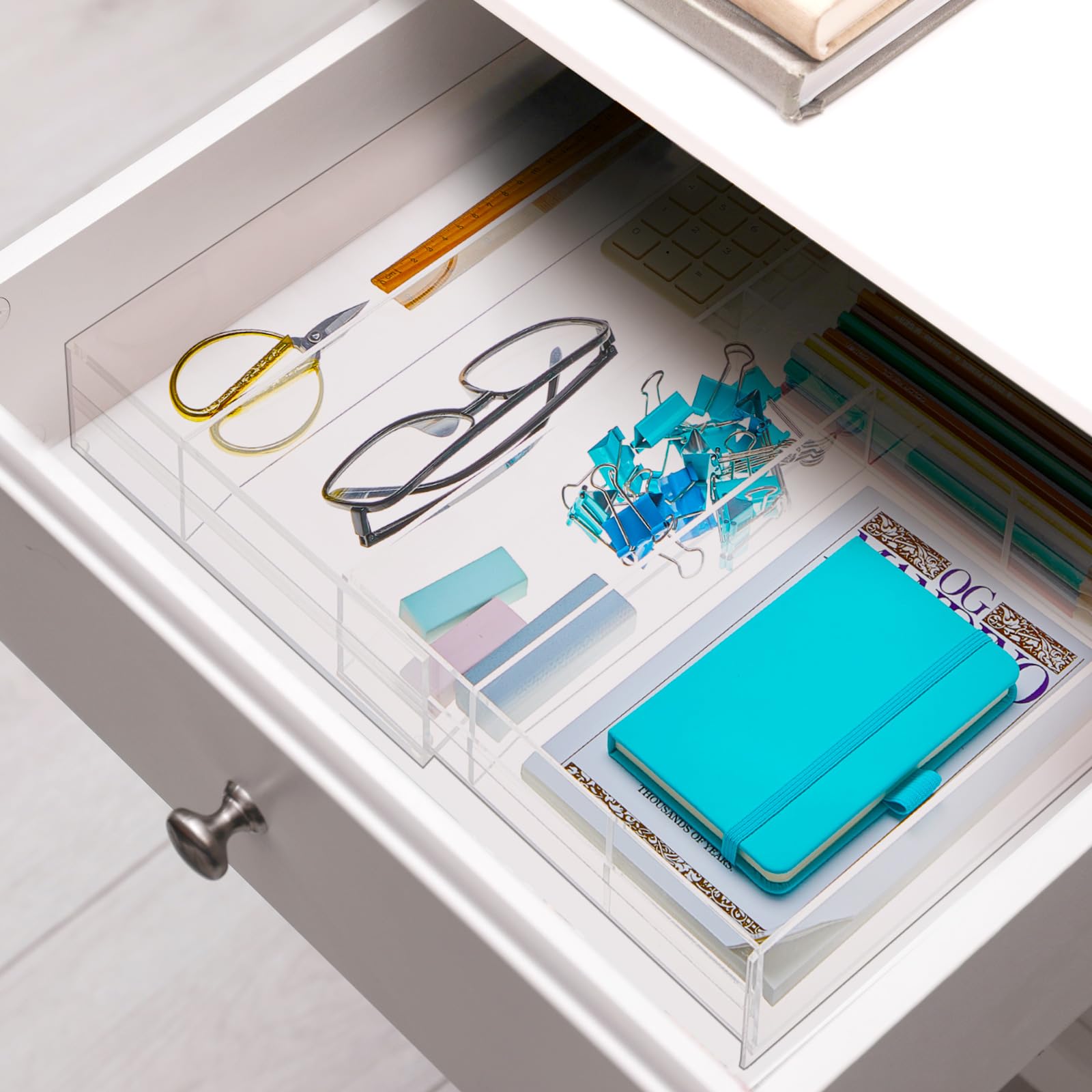 Briwooody 2 organizer per cassetti in acrilico, da 22,7 cm fino a 45,7 x 38,1 x 5,1 cm, espandibile, per penne, quaderni, righelli, trucchi, con 7 scomparti regolabili, per scrivania, ufficio, cucina