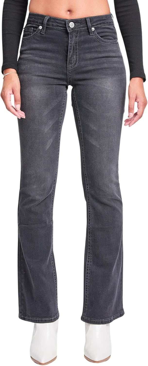 YMI Women's Mid Rise Studded Fleur De Lis Bootcut Jeans