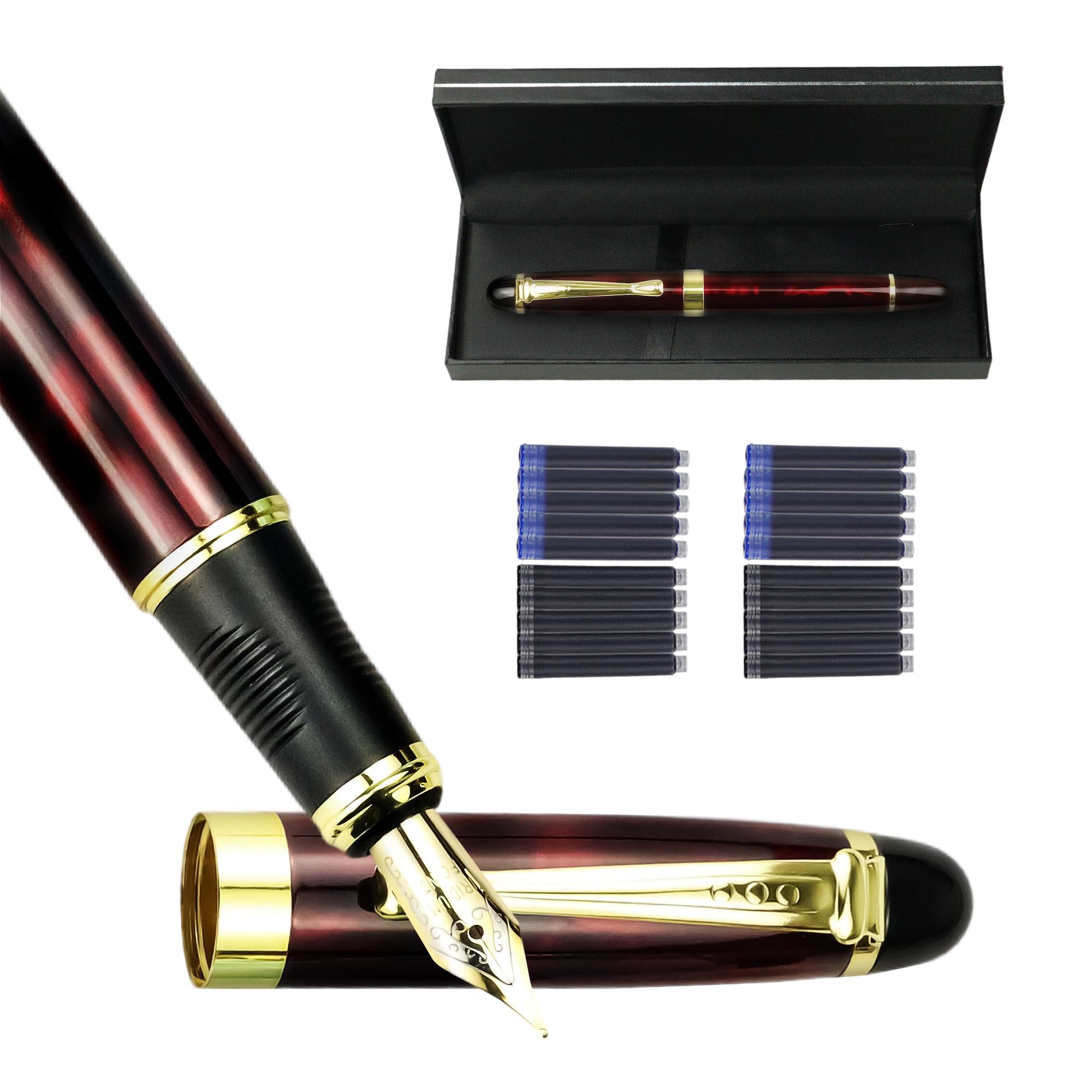 YUN CHUN Marble Fountain Pen for Writing, Refillable Luxury Metal Pens with Ink Pen with 10 Black and 10 Blue Ink Refills, Business Writing Fountain Pen for Men and Women, Marble Black & Red — image 1