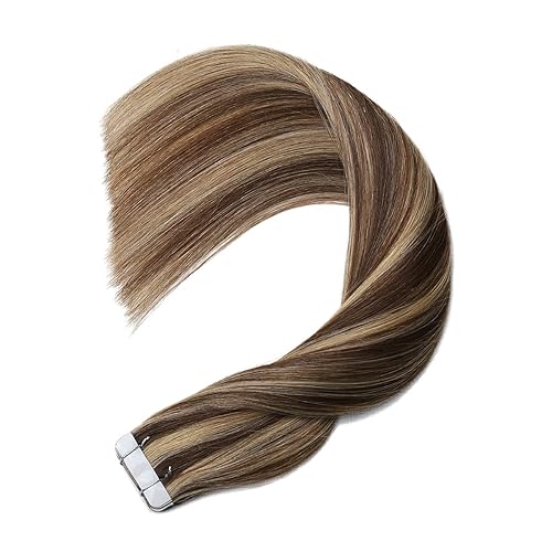 Miniatura 2 de Sindra Extensiones de cabello humano real con cinta, 22 pulgadas, color marrón chocolate con rubio caramelo, extensiones de cabello humano con cinta