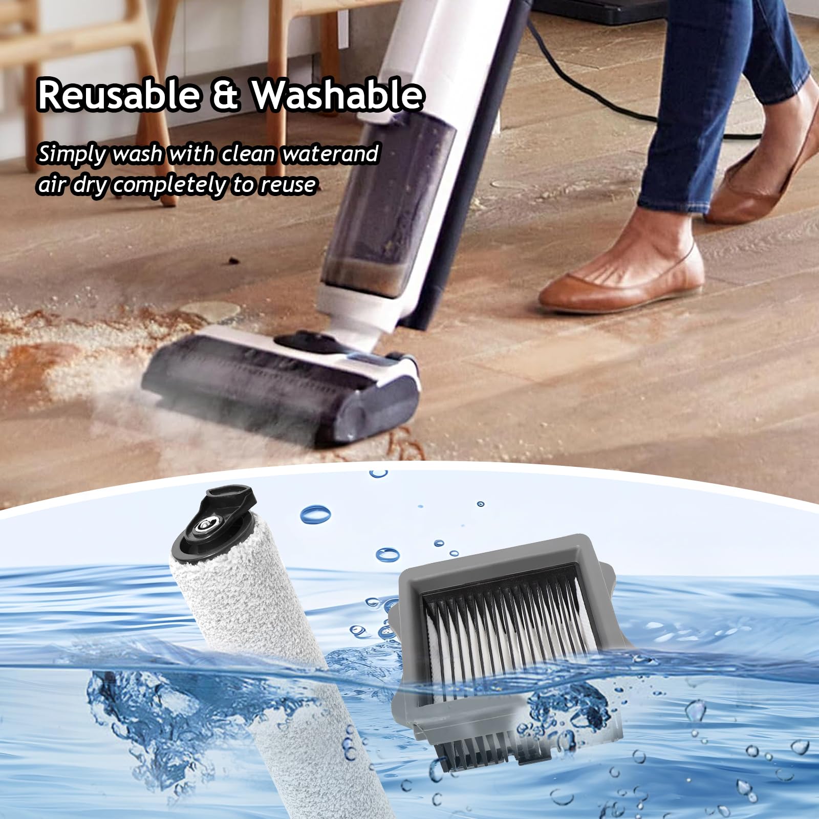 Szczotka rolkowa + części zamienne do odkurzacza parowego do Tineco FLOOR ONE S5 Steam/IFLOOR 5 na mokro i na sucho, zestaw akcesoriów 2 rolki szczotki + 2 filtry + 1 szczotka do czyszczenia