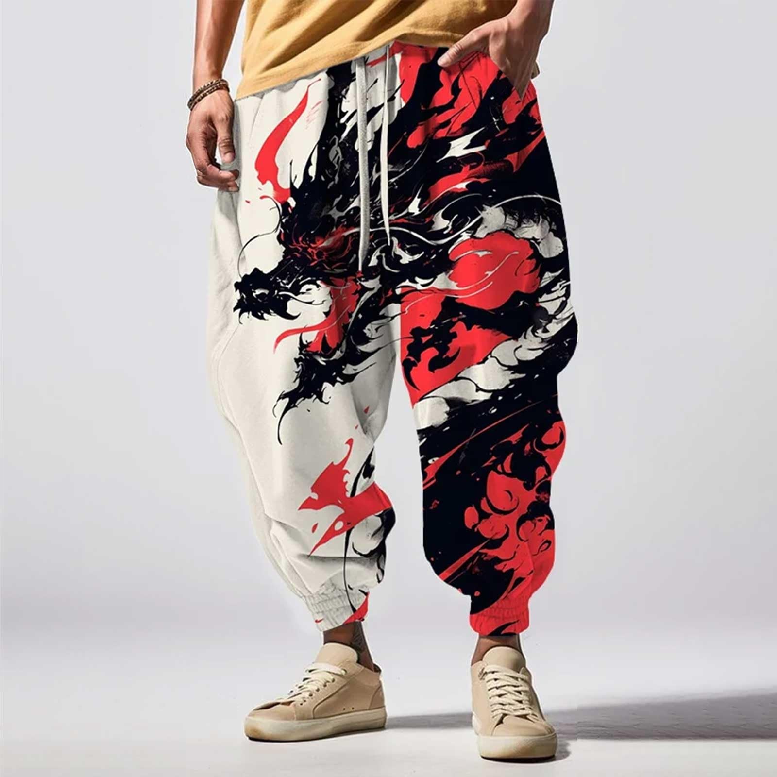 WINWUQB - Pantalones holgados hippies para hombre, pantalones de harén, divertidos, novedosos, con estampado de moda, cintura elástica, cómodos y suaves
