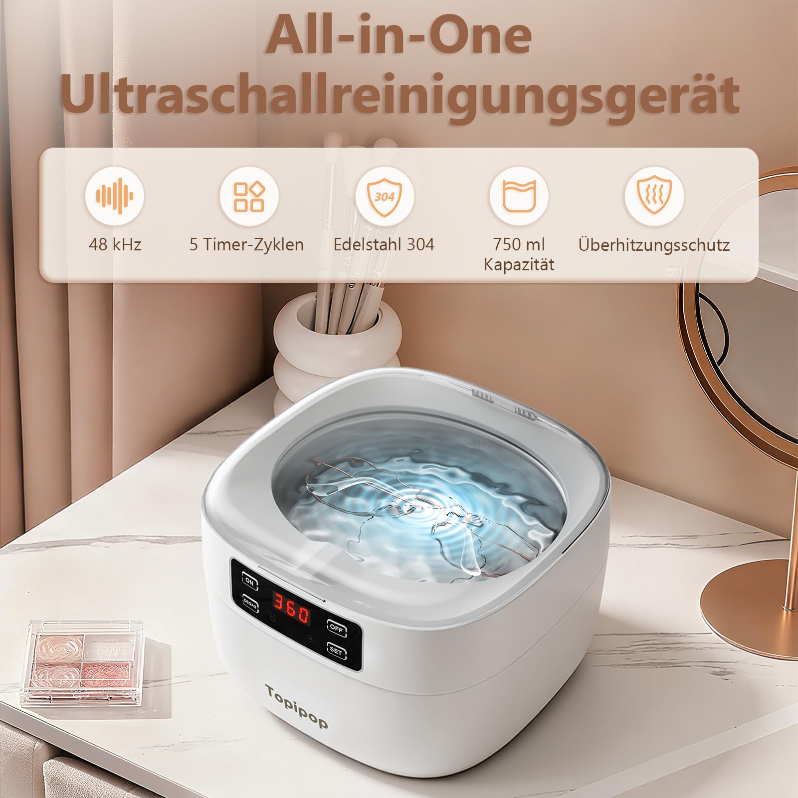 Topipop Ultraschallreinigungsgerät, 48000Hz Brillenreinigungsgerät | 750ml Ultraschallreiniger, Professional Ultrasonic Cleaner zum Reinigen von Brillen, Uhren, Ringen, Rasierklingen (White)