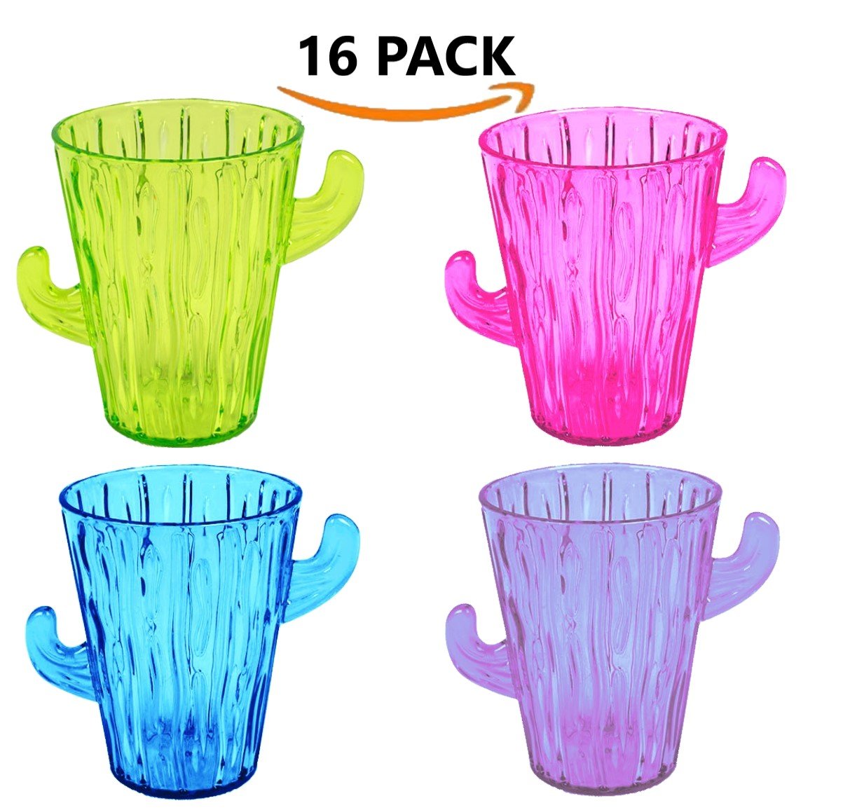 16 Pack - Cactus Shot Glasses - 2 Ounces - Made from Rigid Plastic - Fun Design with 4 Bright Neon Colors - Perfect for Cinco De Mayo, Parties or other Events