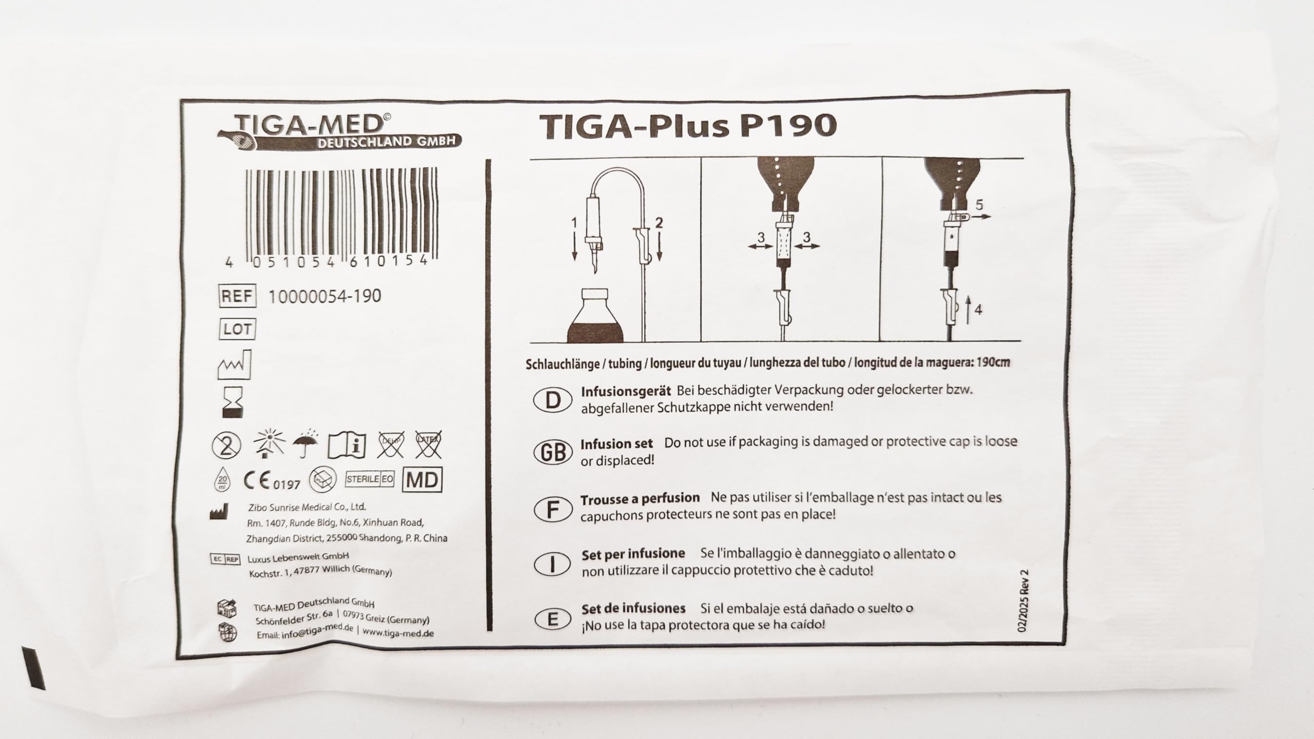 TIGA-MED Tiga-Plus P190 Kit de perfusion, avec tuyau de 190 cm, emballage individuel stérile, Luer-Lock, pour infusion par gravité et pression, sans DEHP et sans latex (100)