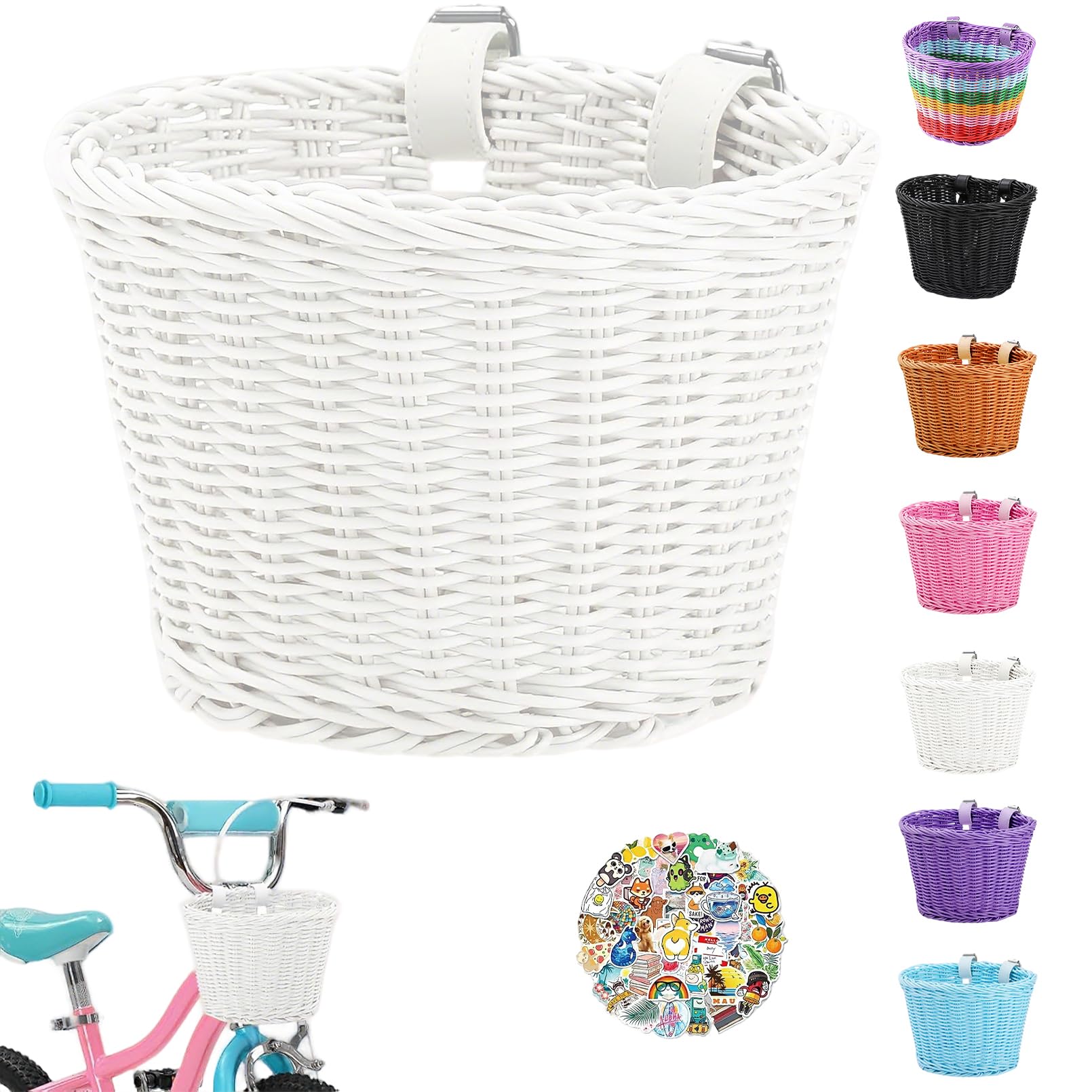 Kids' Bike Basket – Small Hand-woven Plastic Wicker Front Basket for Boys & Girls, Easy to Install & Waterproof (White) — image 1