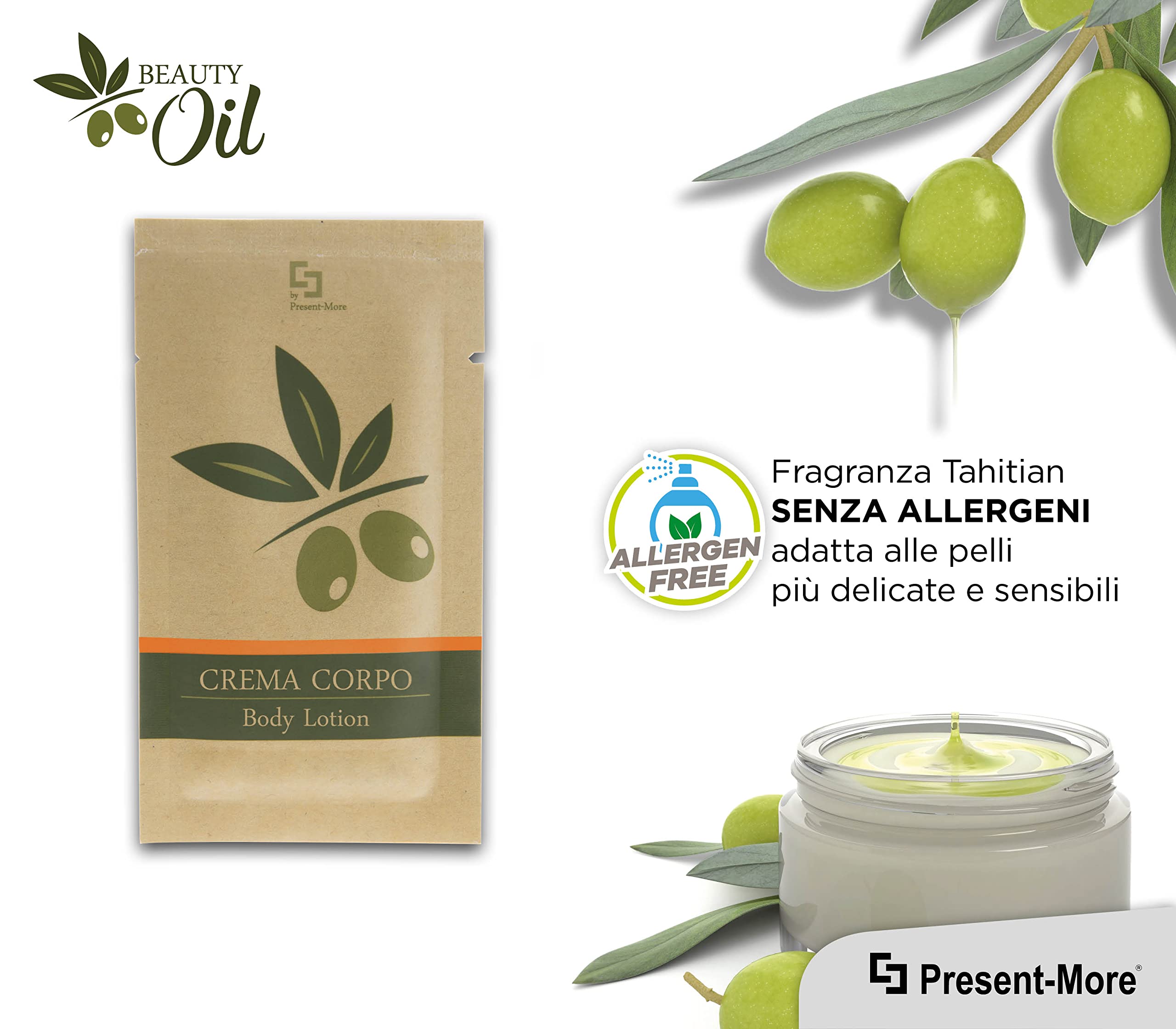 PRESENT-MORE - Mini Crema Corpo 15ml Beauty Oil - 250 Pezzi | Body Lotion Senza Allergeni - Fragranza Tahitian - Ideale per Hotel e B&B