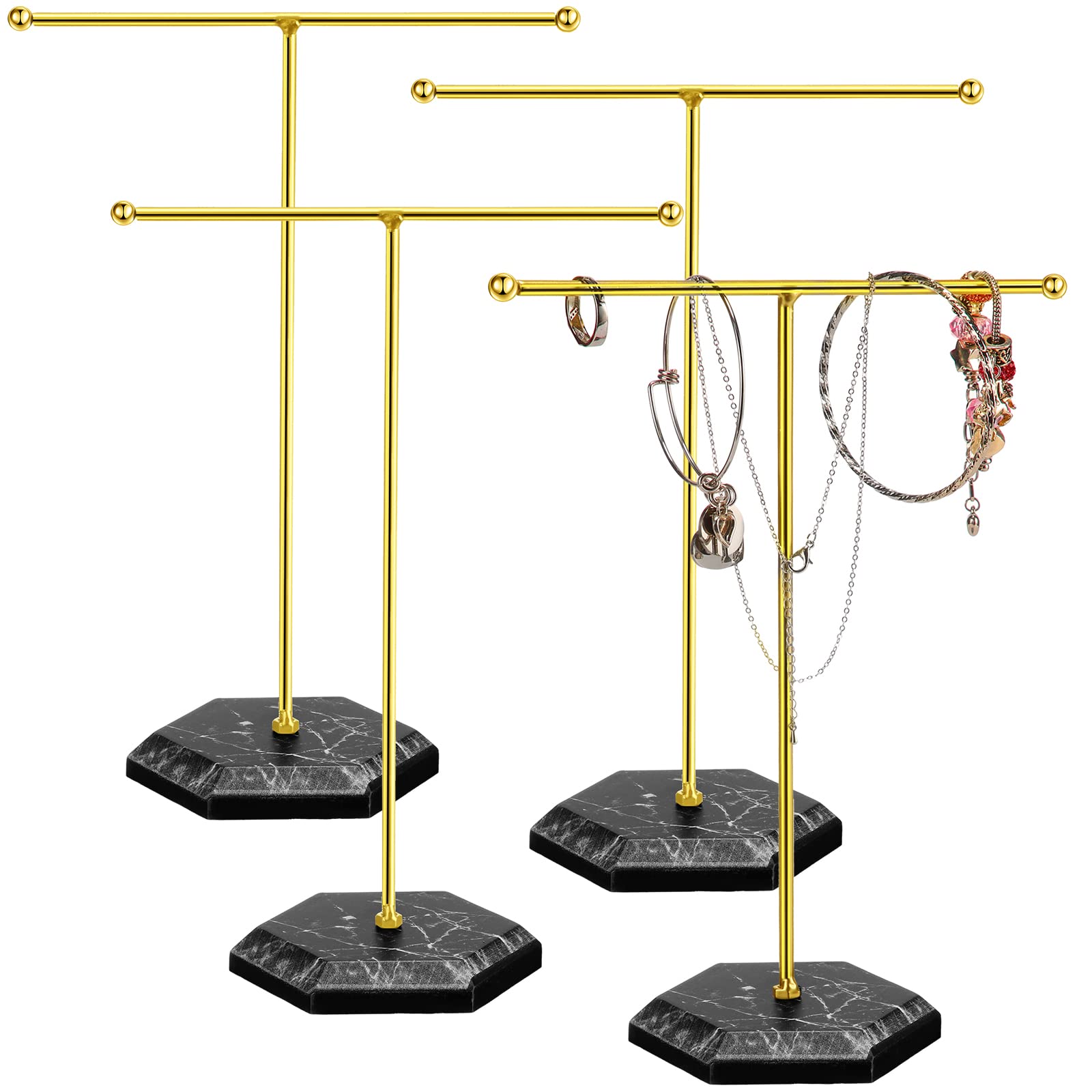 Bucherry 4 Sets T-bar Necklace Holder Jewelry Stand T-bar Plated Metal Jewelry Organizer Tabletop Bracelet Display Stand Towers w/ Marble Plywood Bases Pendant Earring Ring Hanging (Black Base)