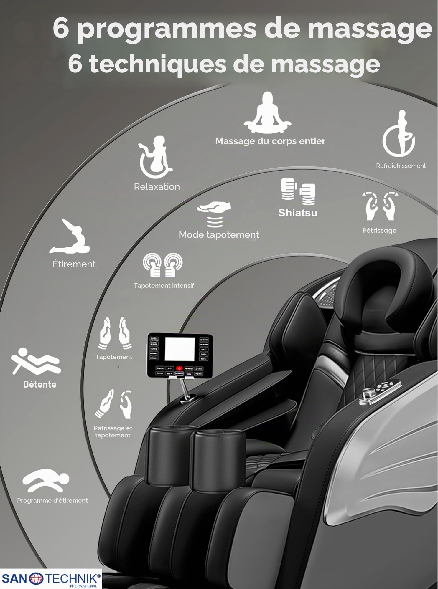 Sanotechnik® Chaise de Massage Luxe Noire – Zéro-Gravité, 8 Mouvements de Pression, 3D-Body-Scan, Coussins Gonflables pour Pieds et Jambes, Fonction Chauffante, Bluetooth – Réf. MA2601