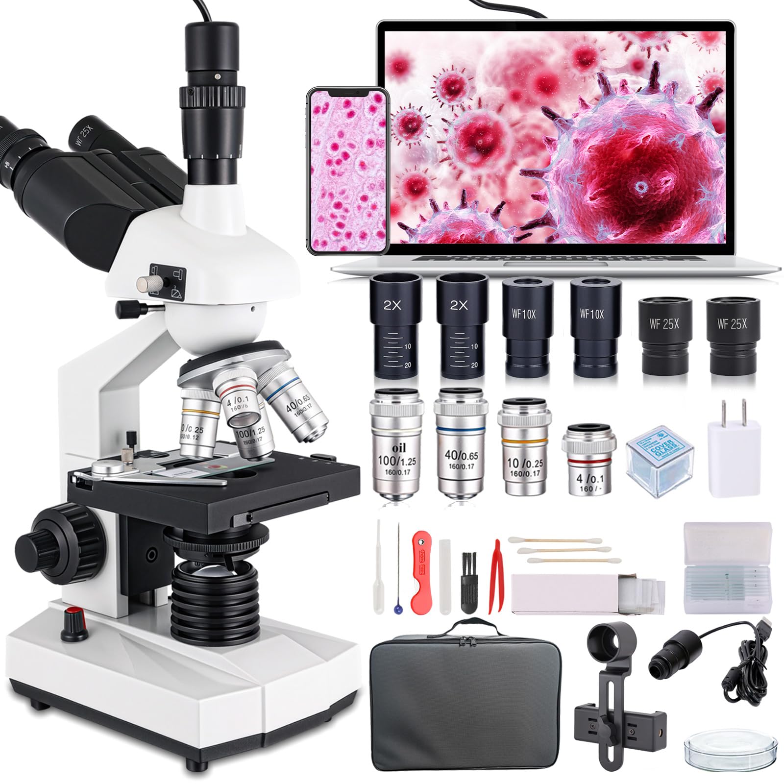Microscopio ottico trinoculare, ingrandimento da 40 a 5000 volte, microscopio professionale scientifico con fotocamera USB e tavolo meccanico, microscopio per adulti