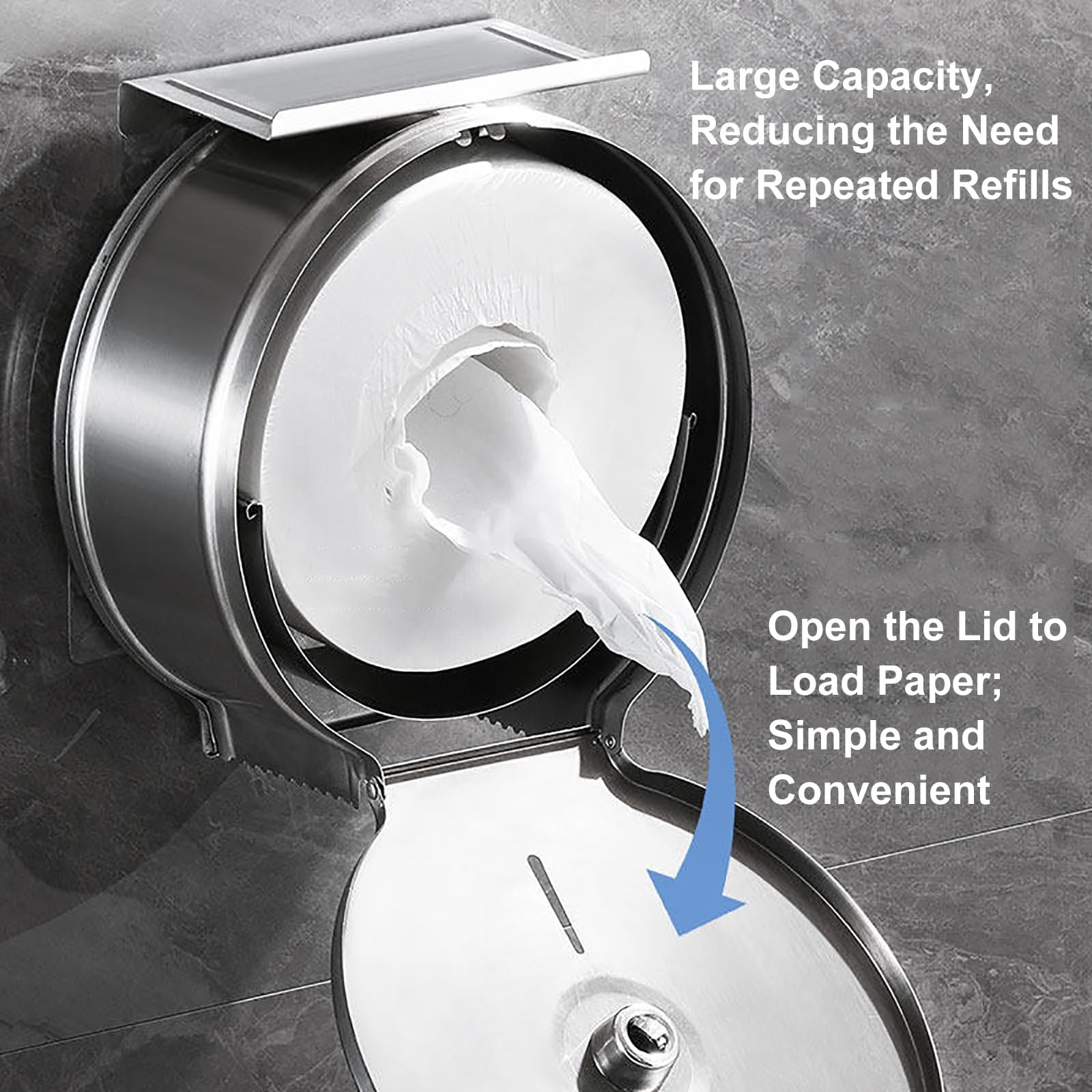 Dispensador de papel higiénico comercial de acero inoxidable con bloqueo antirrobo, soporte de pared, dispensador de rollos de papel para baños e instalaciones públicas (negro)