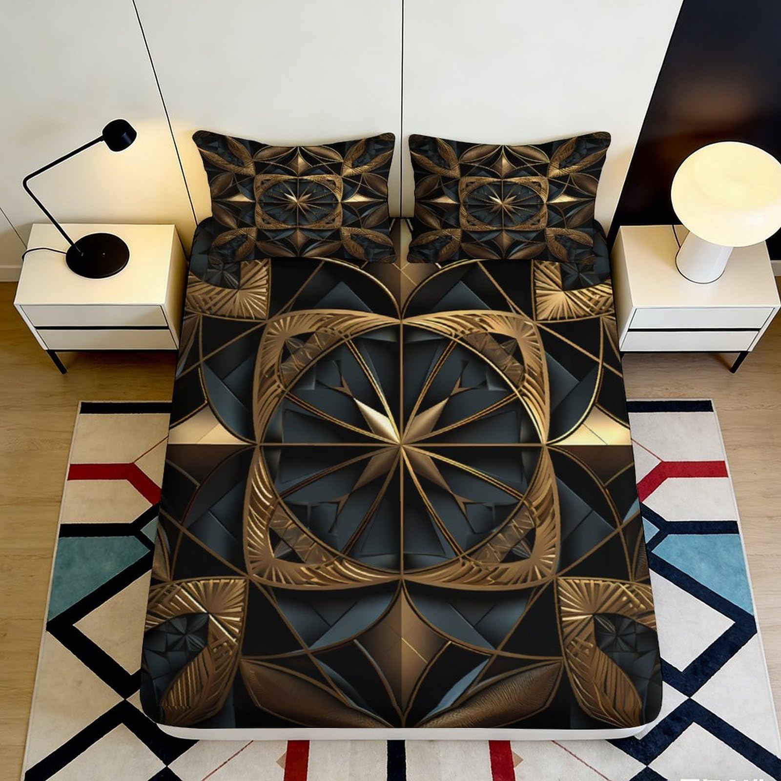 3D Printed Geometric Gold Mandala Fitted Sheet Microfiber Soft Black Abstract Mattress Cover for Bedroom Decor 90x200x25cm
