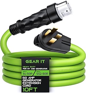 GearIT 50-Amp Generator Extension Cord (10 Ft) NEMA 14-50P to SS2-50R Twist Lock Connector STW 6/3+8/1 AWG 125/250V for 50A Power Inlet Box, RV Camper, Generator to House - 10 feet