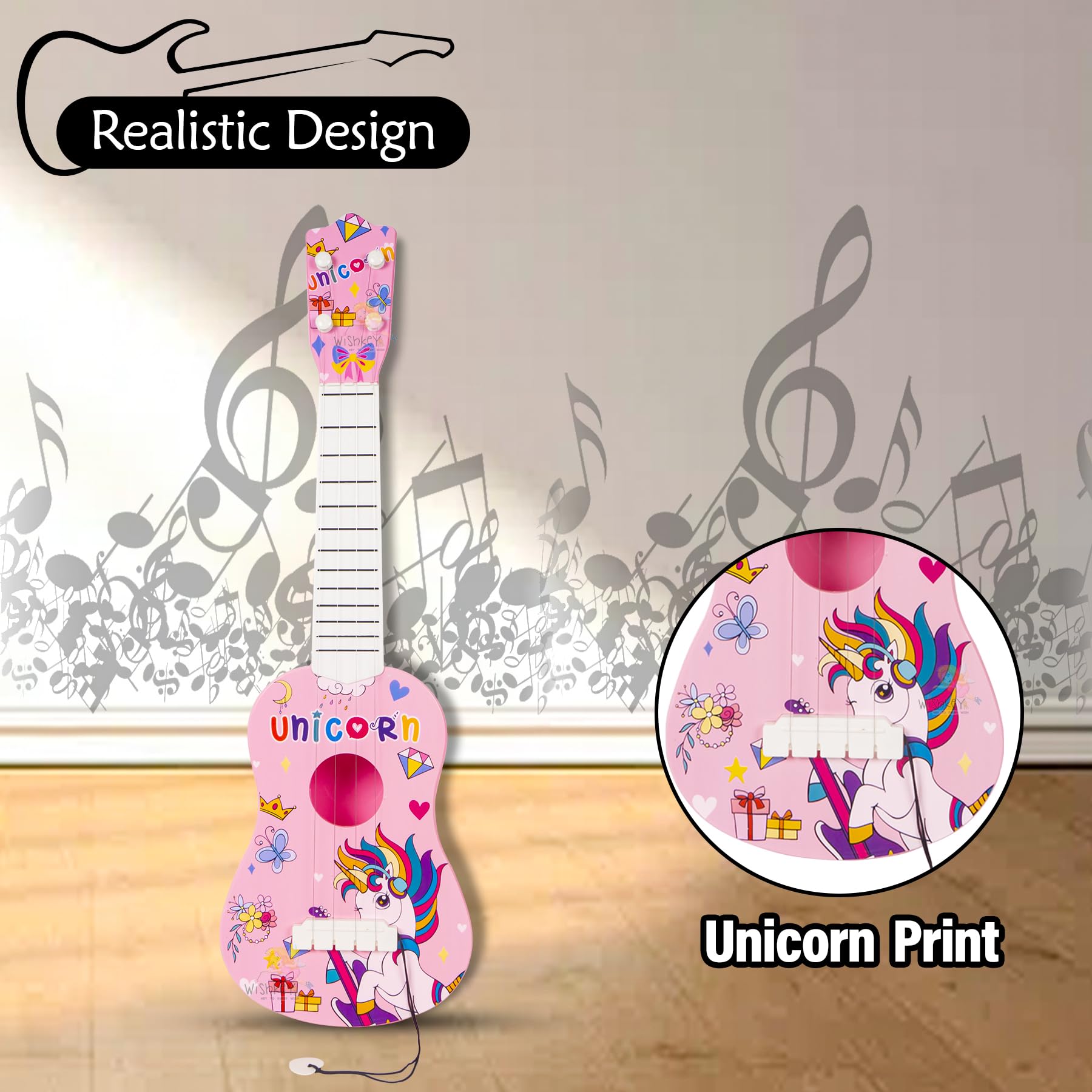 WISHKEY Unicorn Theme Guitar 4 Strings Acoustic Music Toys for Kids, Educational Toy Guitar for Beginners, Musical Instrument, Learning Musical Toy, Sound Toys, Pink, 6+Years, 22" (Pack of 1) - Image 2 thumbnail