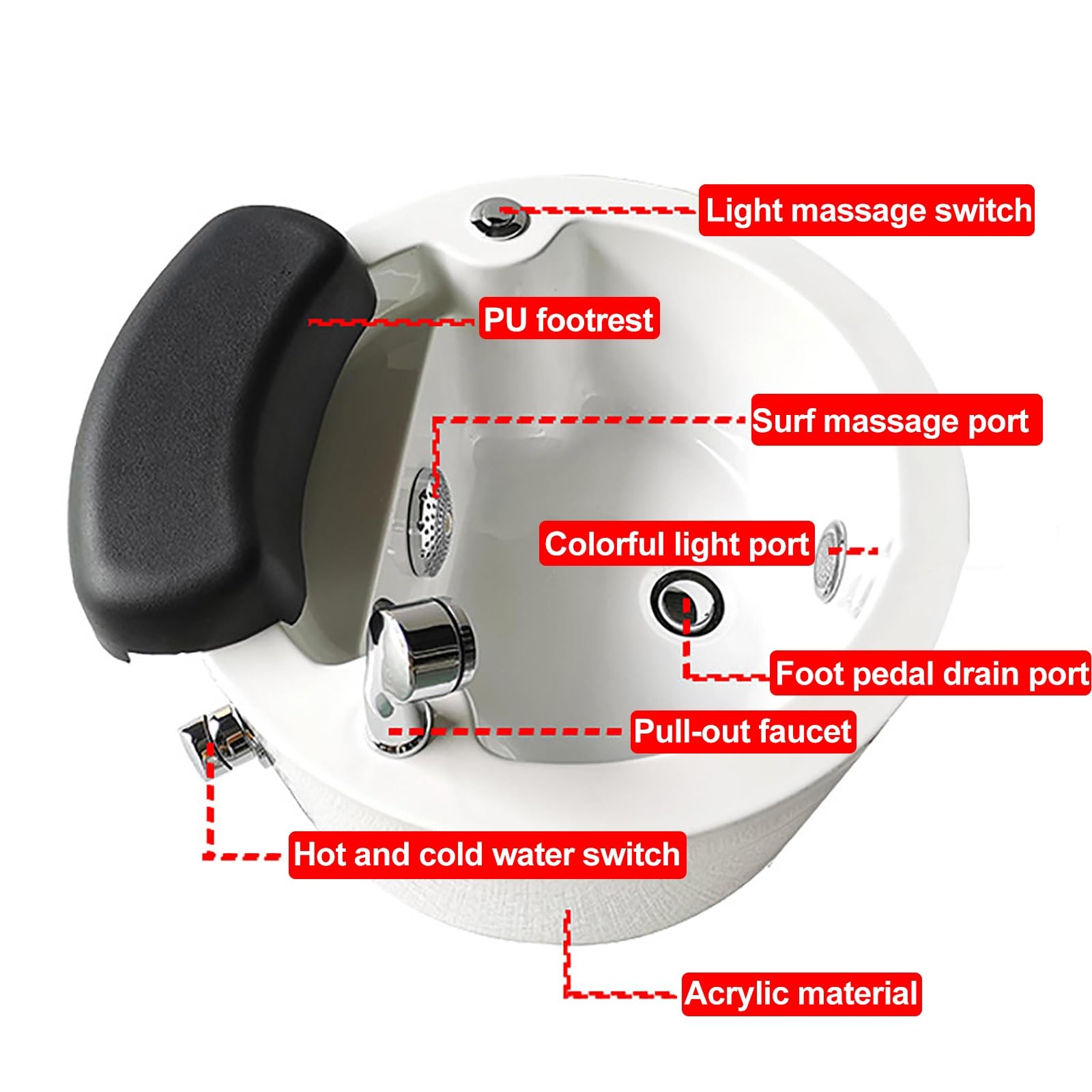 ZDMZR Pedicure Spa Bathtub with Massage Colorful Lamp, Acrylic Pedicure Chair Shampoo Sink