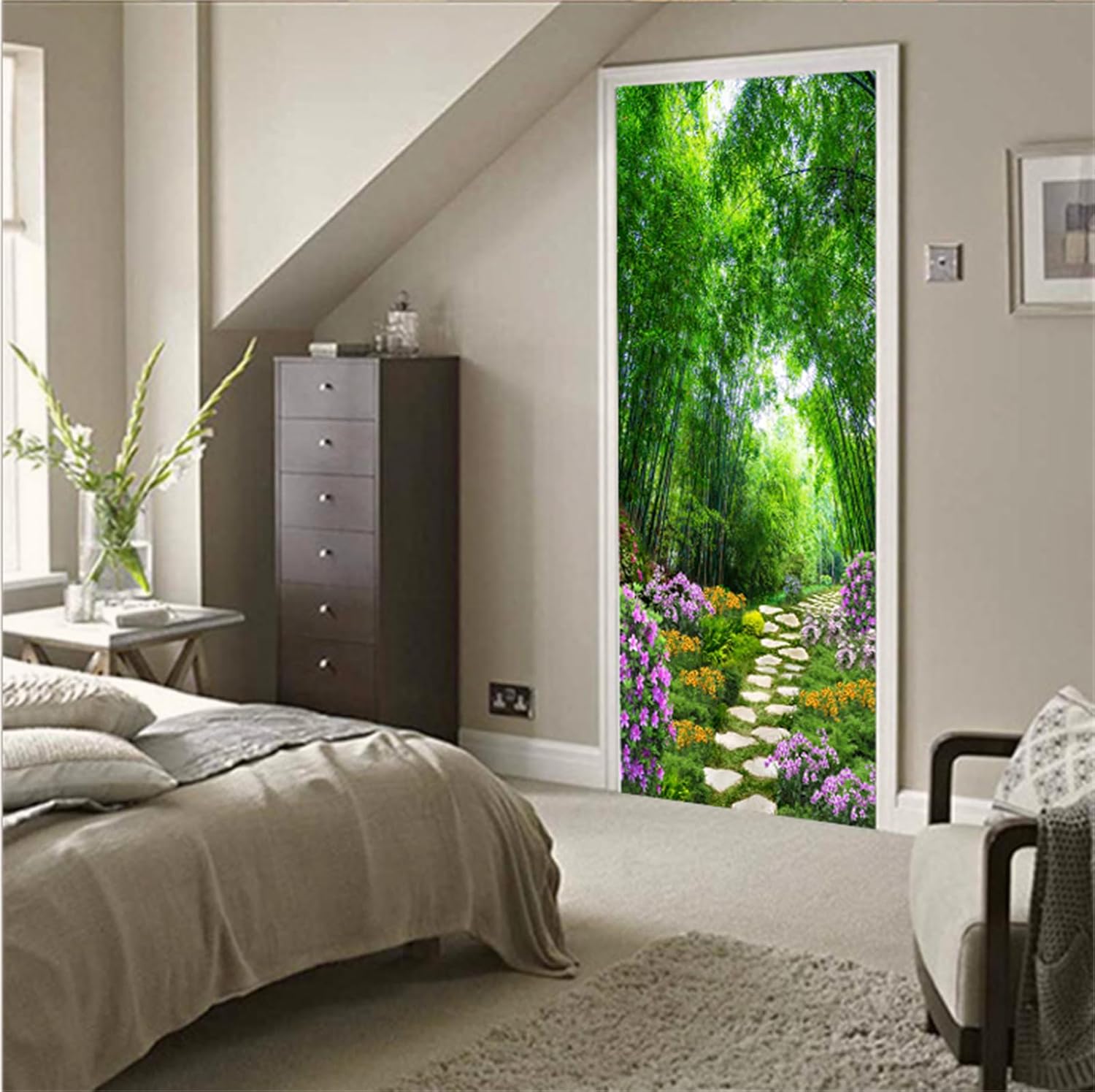 artfanke 3D Door Mural Peel and Stick 30.3"x78.7"- Self-Adhesive Door Stickers Wallpaper Poster- Beautiful Bamboo Garden Wall Decal for Bedroom Decor (2 Sheets/Set)