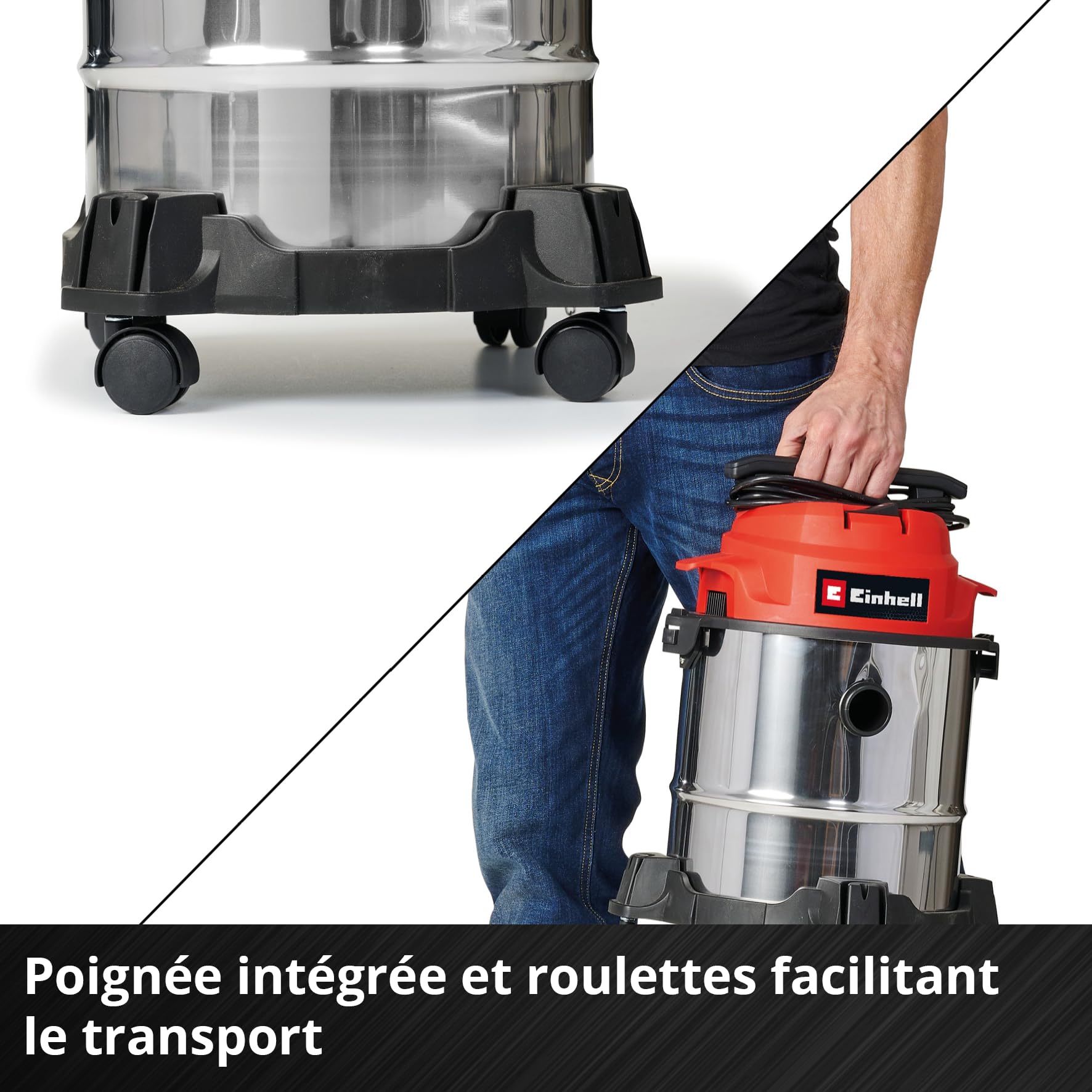 Einhell Aspirateur eaux et poussières TC-VC 1812/1 S (1 250 W, 180 mbar, 4 roulettes, cuve de 12 l, avec suceur Plat et Brosse combinée, Filtre en Mousse, Sac collecteur de poussière et Sac filtrant)