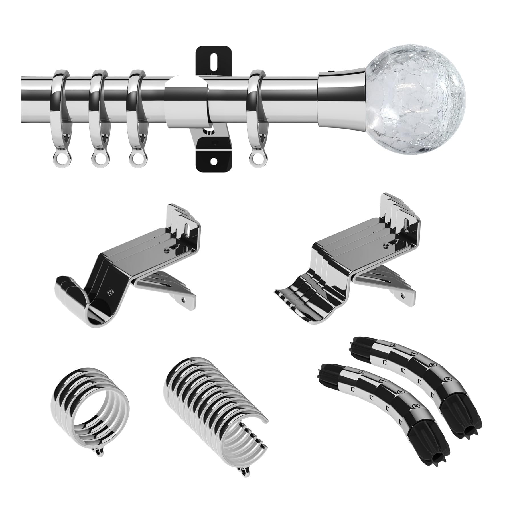 Swish Design Studio 28mm Bay Window Curtain Pole set Kit 5M, 500cm, Chrome Gossamer Crackled Glass Finial