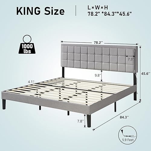 Miniatura 2 de Base de cama tamaño King con cabecera LED, plataforma tapizada con botones de lino con estación de carga USB, fuerte soporte de listones de madera,