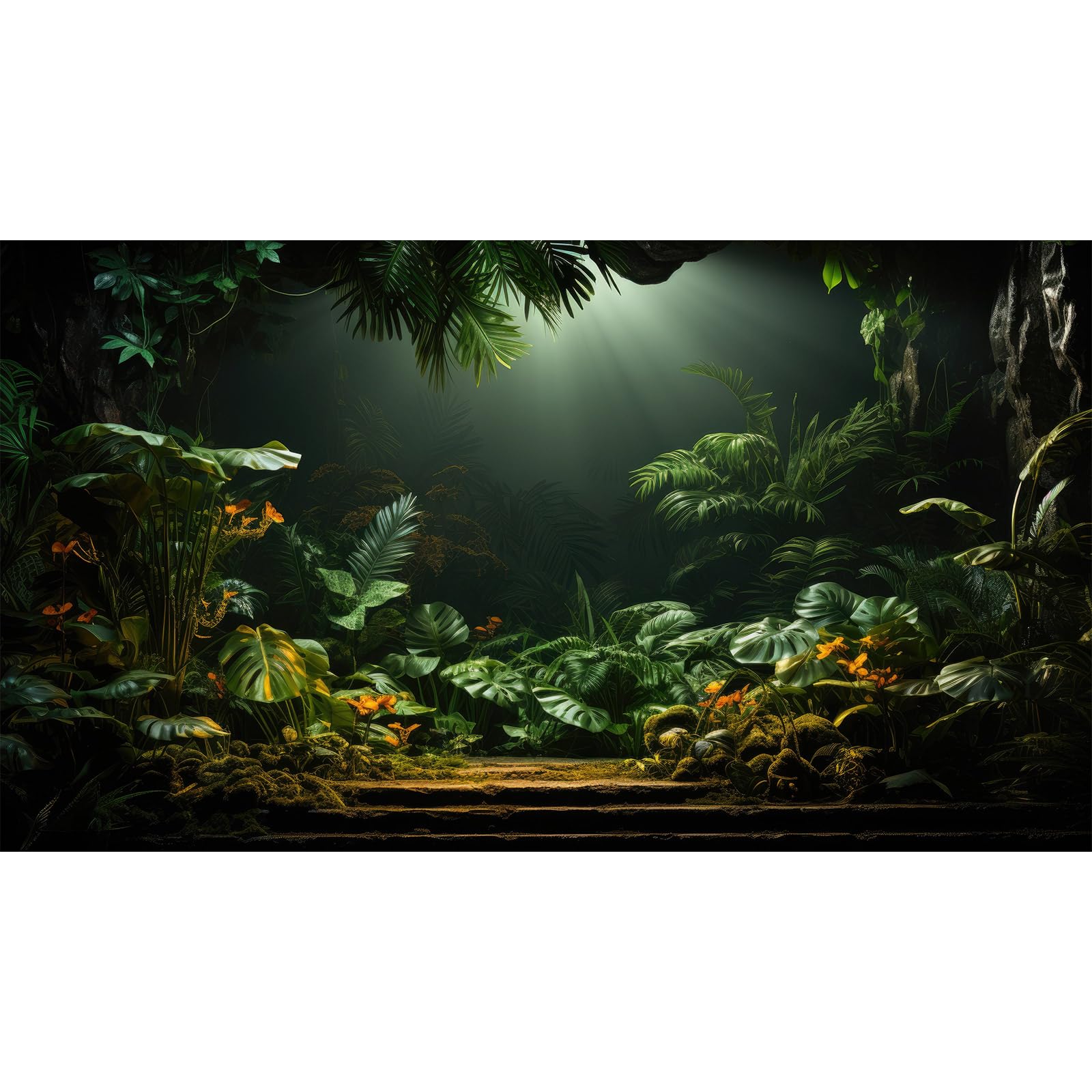 Rainforest Aquarium Background Tropical Palm Leaves Fish Tank Background Jungle Style Floral Pattern Landscape Reptile Tank Backgrouds Foggy Misty Green Leaves Reptile Enclosure Backgrounds 48x24in