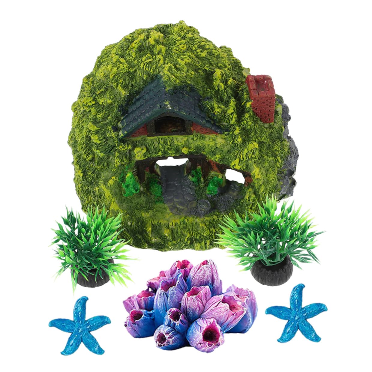 Aquarium Hideout House Set Resin Double-Layer Reptile and Shrimp Cave with Coral Ornaments Small Fish Tank Decoration for