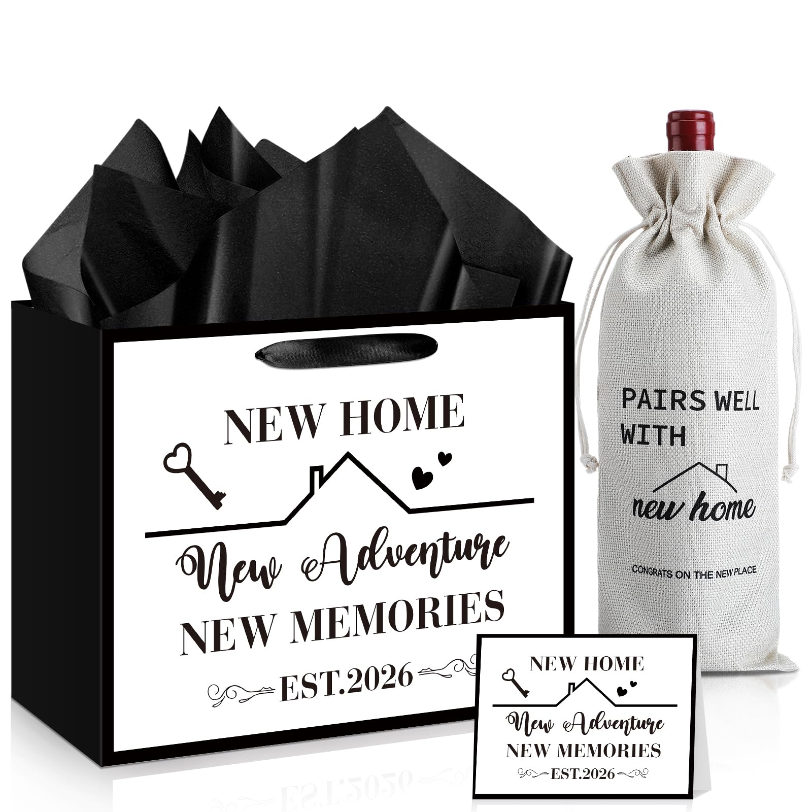 New Home Wine Gifts Bag and Housewarming Gifts Bag Set 11.8'' White Home Sweet 2026 House Homeowner Wrapping Gift Bag with Tissue Paper Card New Adventure Present Wine Bottle Wrap Bag for Men Women