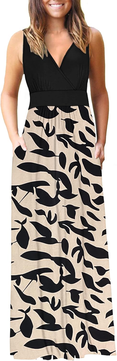 AUSELILY Women's Sleeveless Formal Dress Deep V Neck Loose Plain Cocktail Long Maxi Dresses with Pockets 2026 New