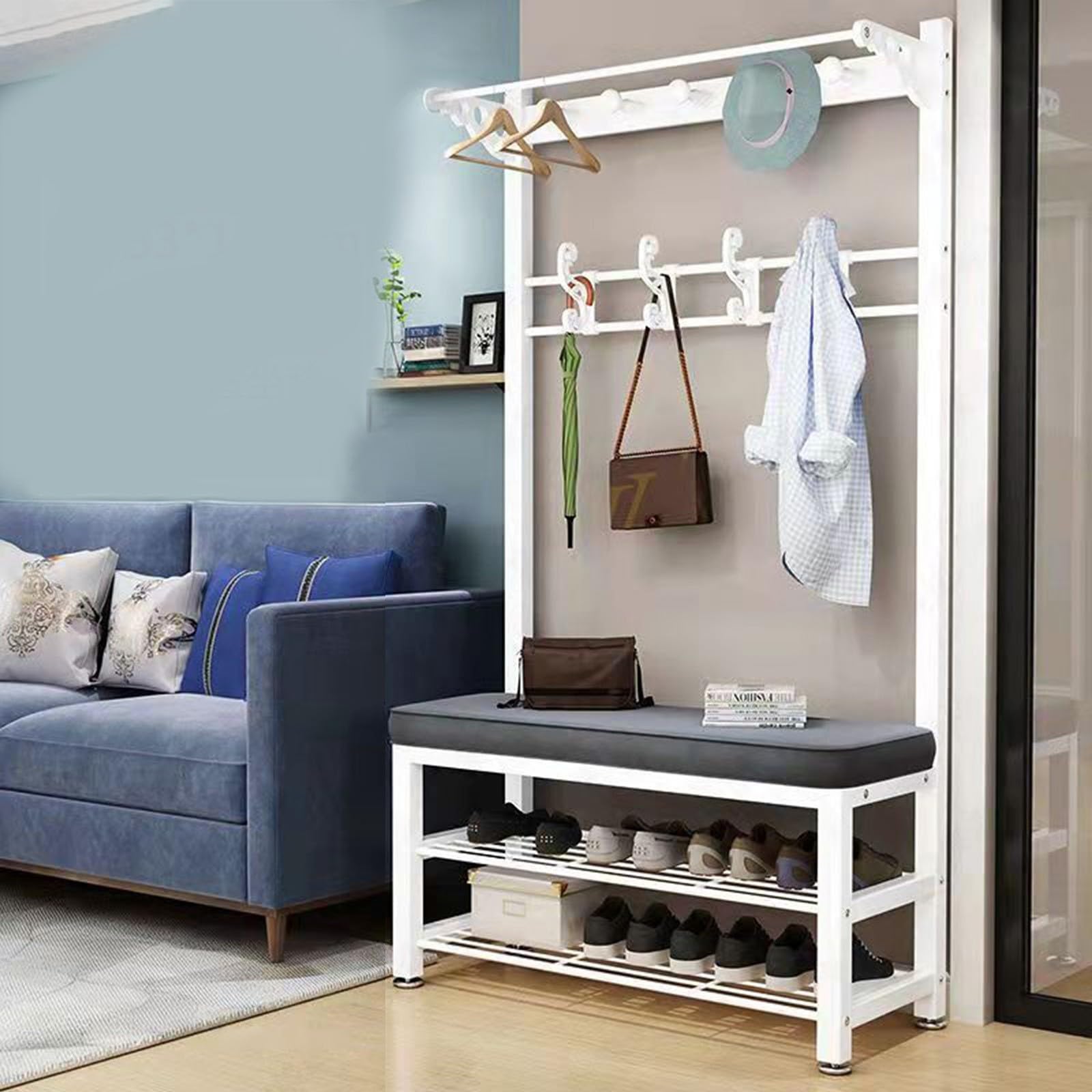 MYUYEE Large Coat Rack With Shoe Rack, Clothes Rack With Metal Frame And Hooks, Coat Rack With Double Hooks And Bench, For Cloakrooms, Bedrooms, Hallways B, 100 * 33 * 172Cm(F-100 * 33 * 172Cm)