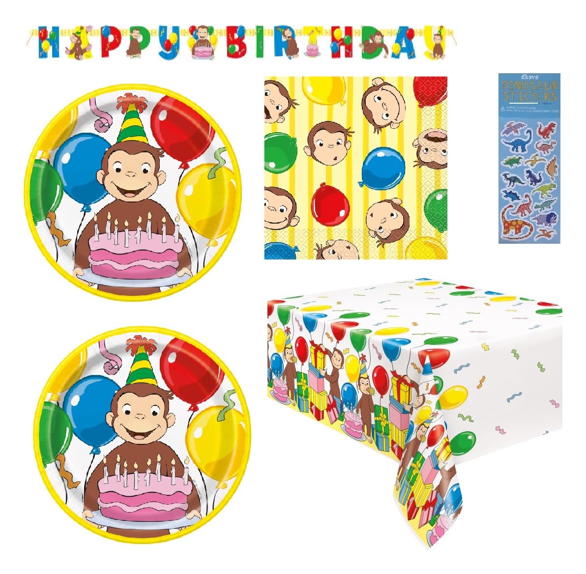 Curious George Birthay Party Supplies Decoration Bundle Pack includes Lunch Plates, Napkins, Table Cover, Happy Birthday Banner (Bundle for 16)