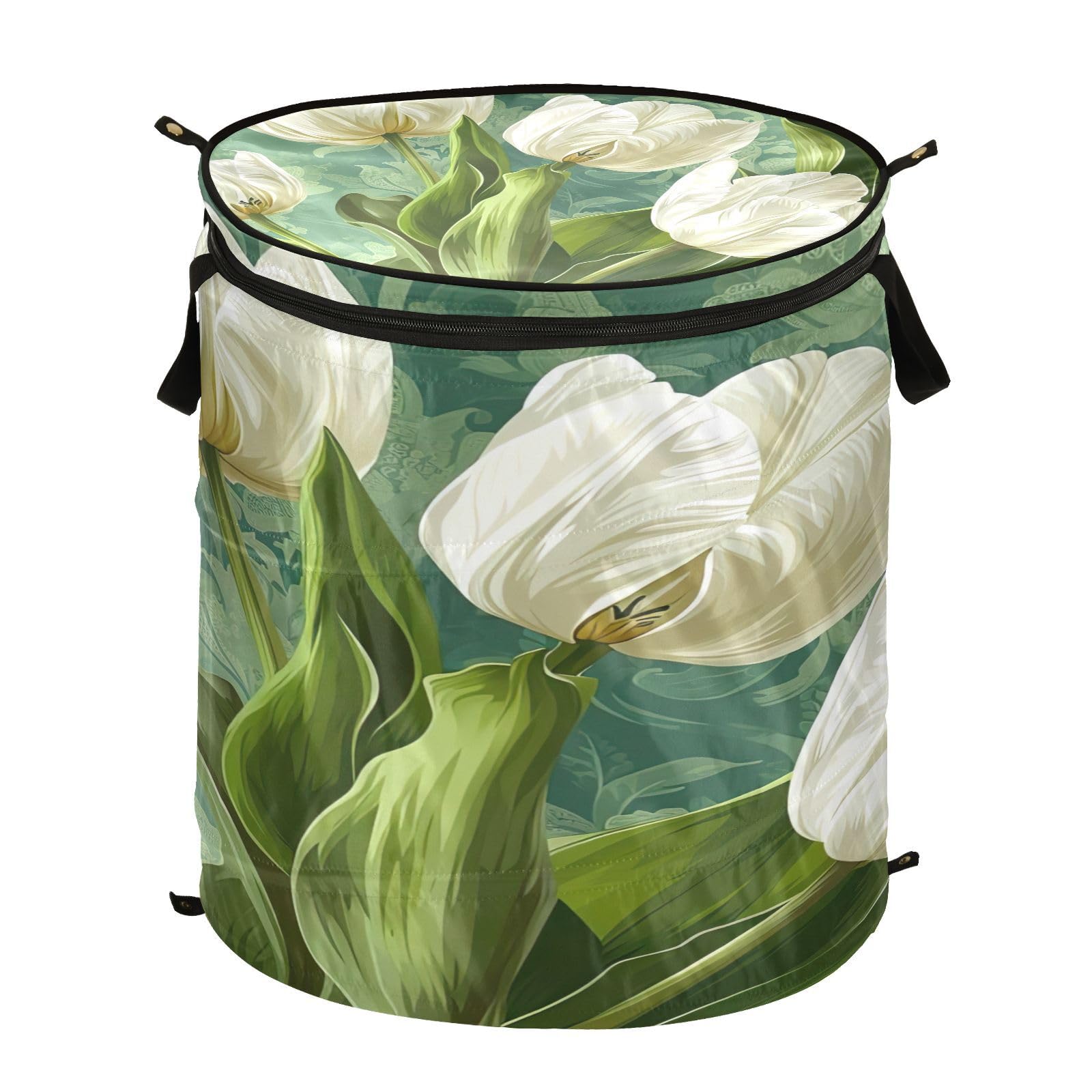 White Tulips on Green Foldable Laundry Basket/Hamper, Laundry Bin Collapsible 50L with Zip Lid
